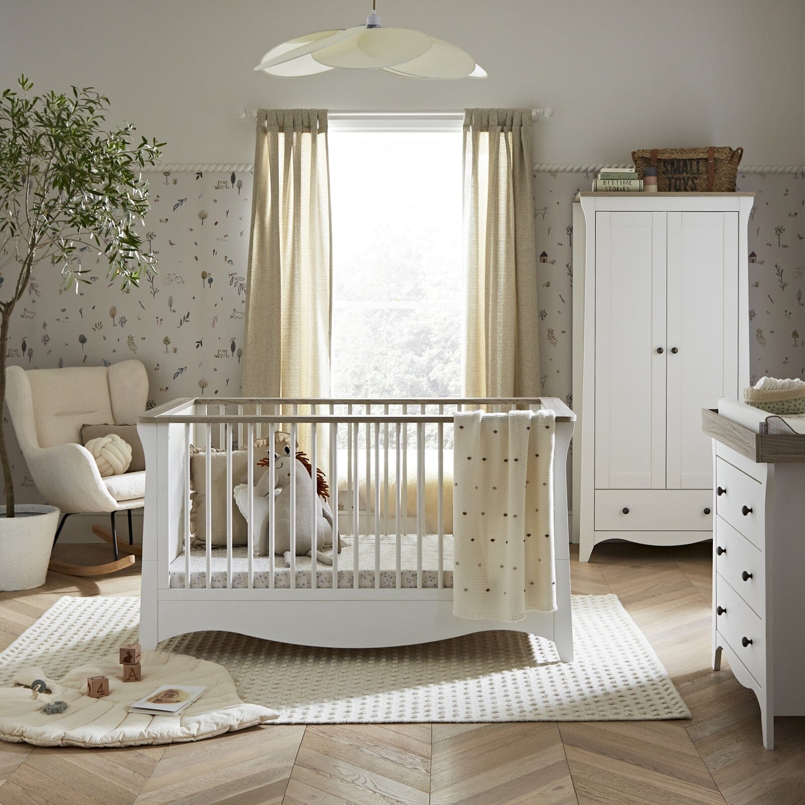 Clara 3 Piece Nursery Furniture Set (Cot Bed, Wardrobe & Dresser) - White & Ash Furniture Sets CuddleCo