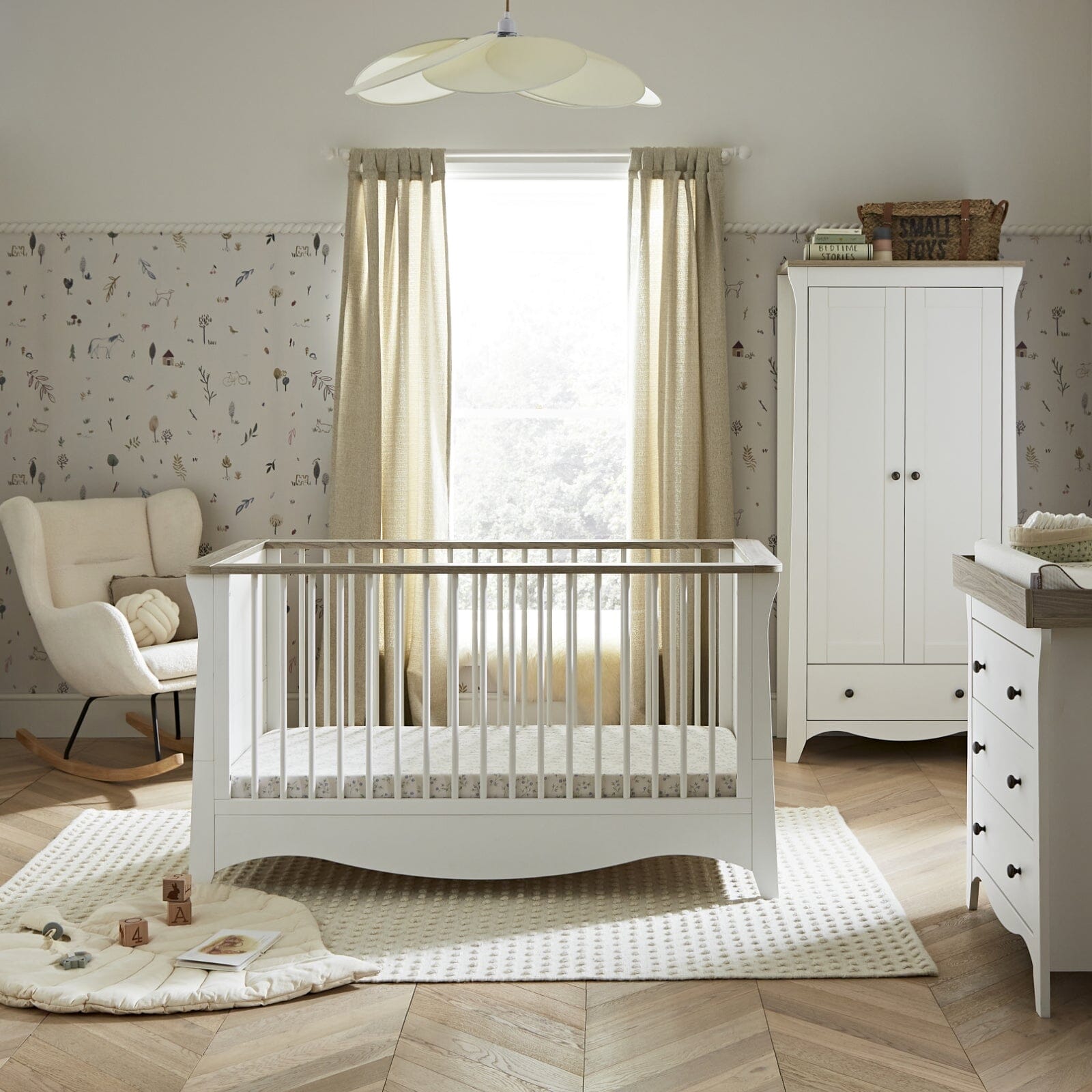 Clara 3 Piece Nursery Furniture Set (Cot Bed, Wardrobe & Dresser) - White & Ash Furniture Sets CuddleCo
