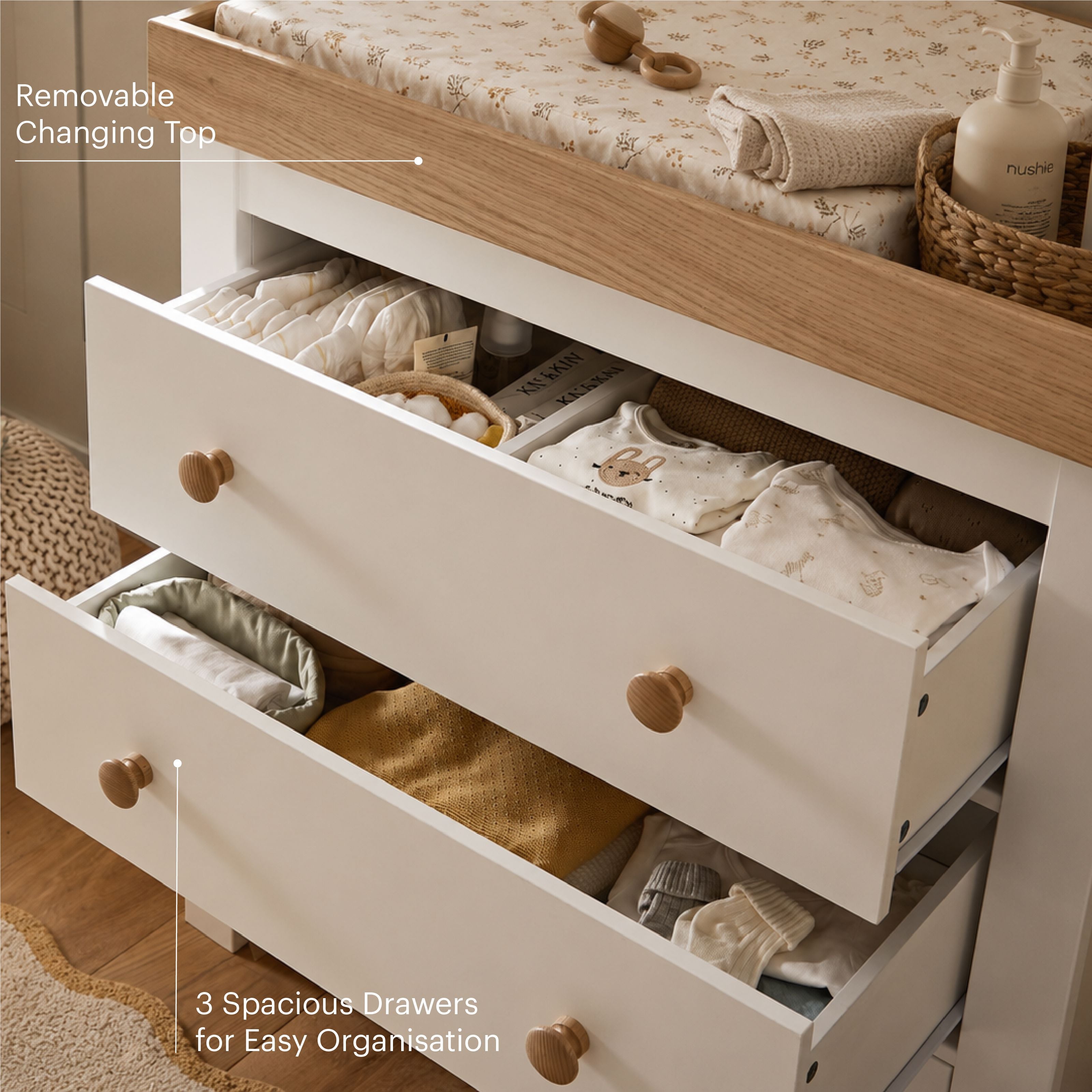 Luna 3 Piece Nursery Furniture Set - White & Oak Furniture Sets CuddleCo