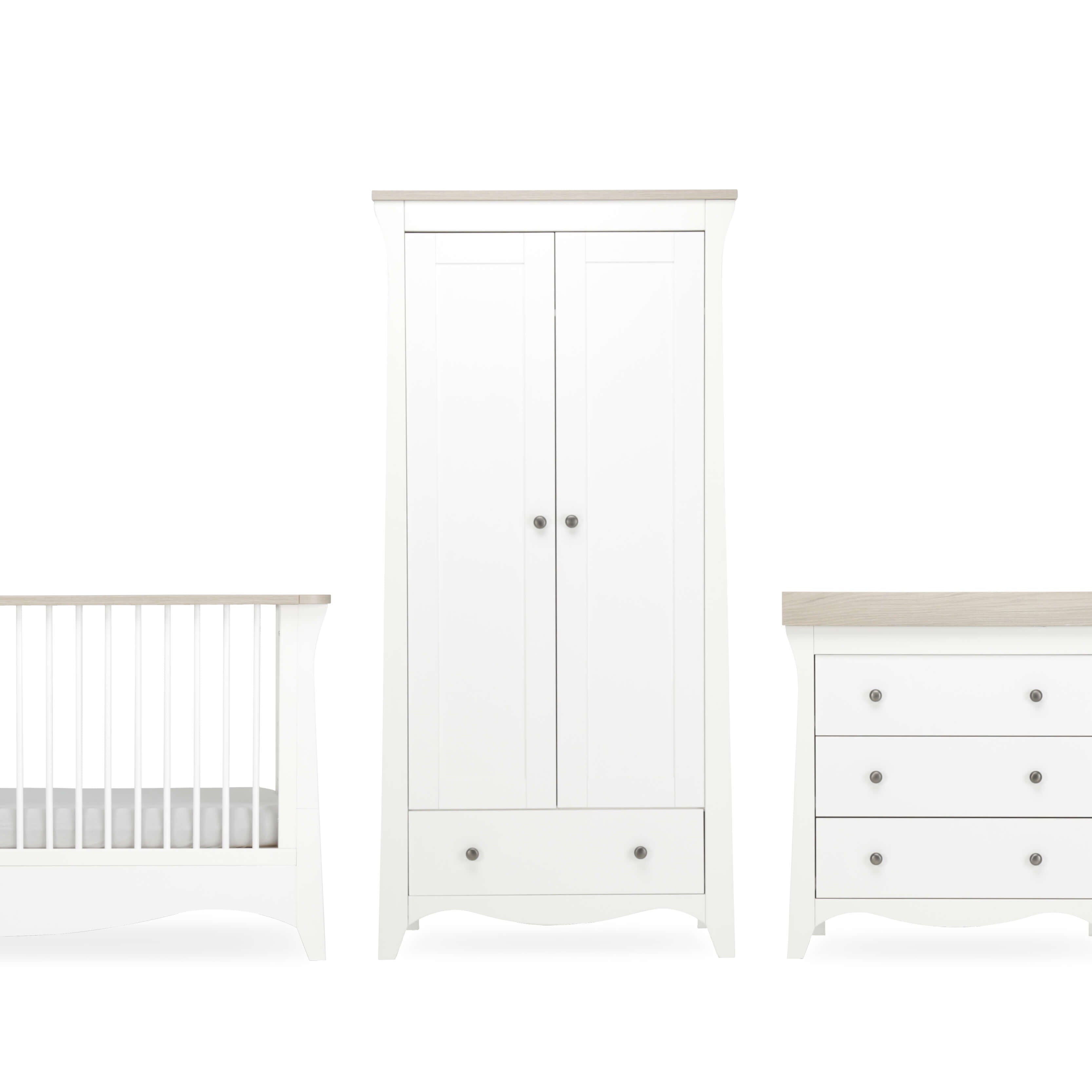 Clara 3 Piece Nursery Furniture Set (Cot Bed, Wardrobe & Dresser) - White & Ash Furniture Sets CuddleCo