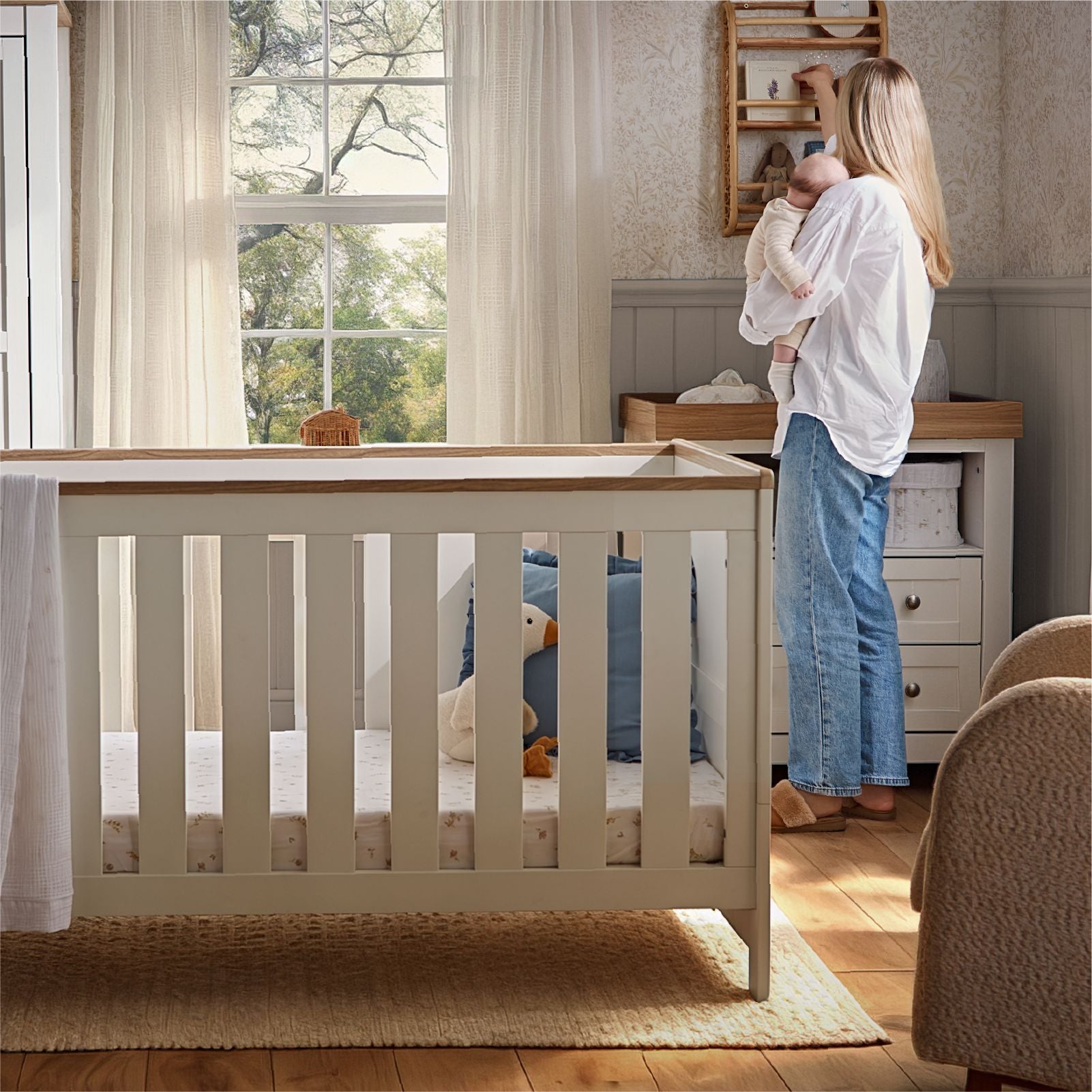 Burford 3 Piece Nursery Furniture Set - White & Oak Furniture Sets CuddleCo