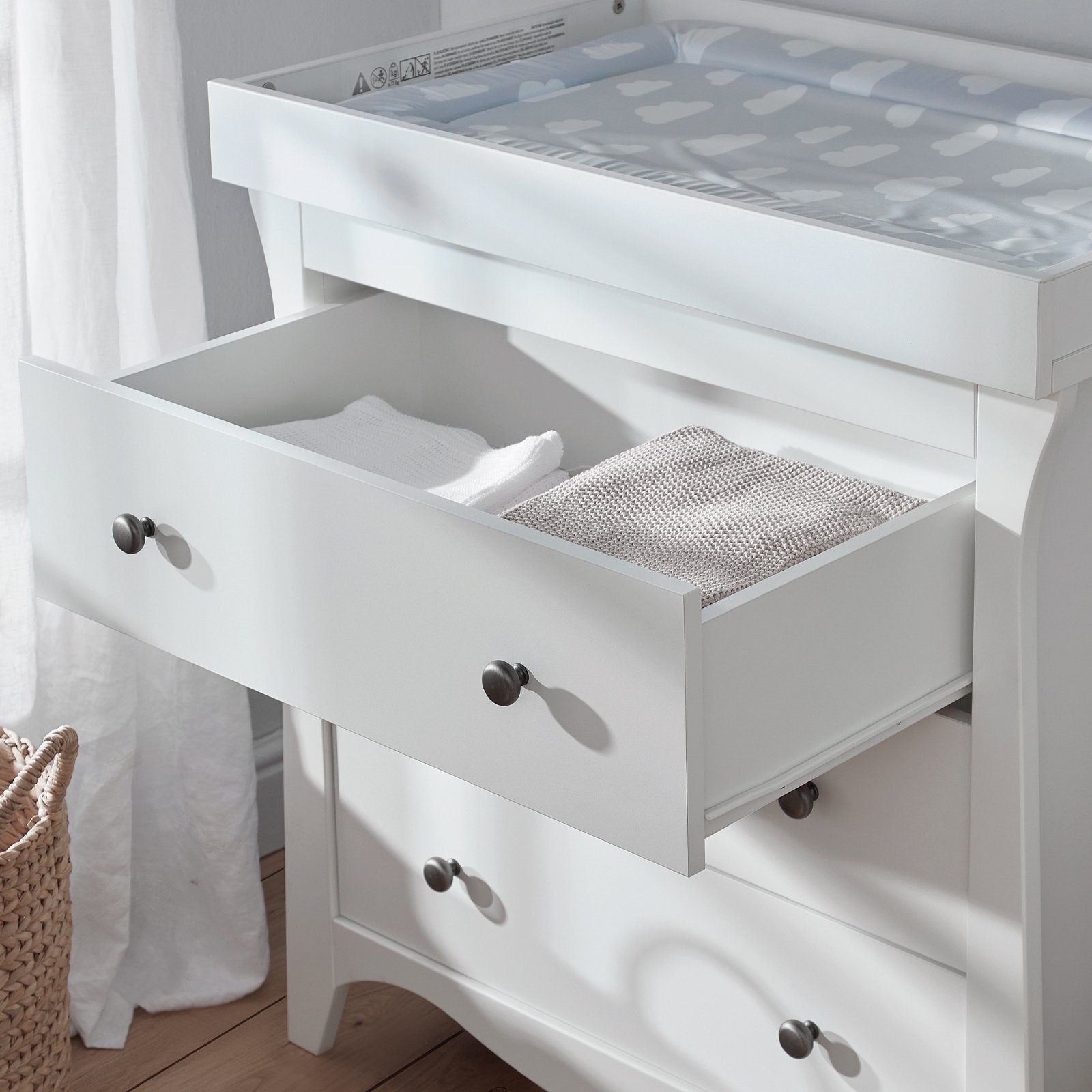 Clara 3 Drawer Dresser & Changer with open drawer and changing mat on the top - White Furniture CuddleCo