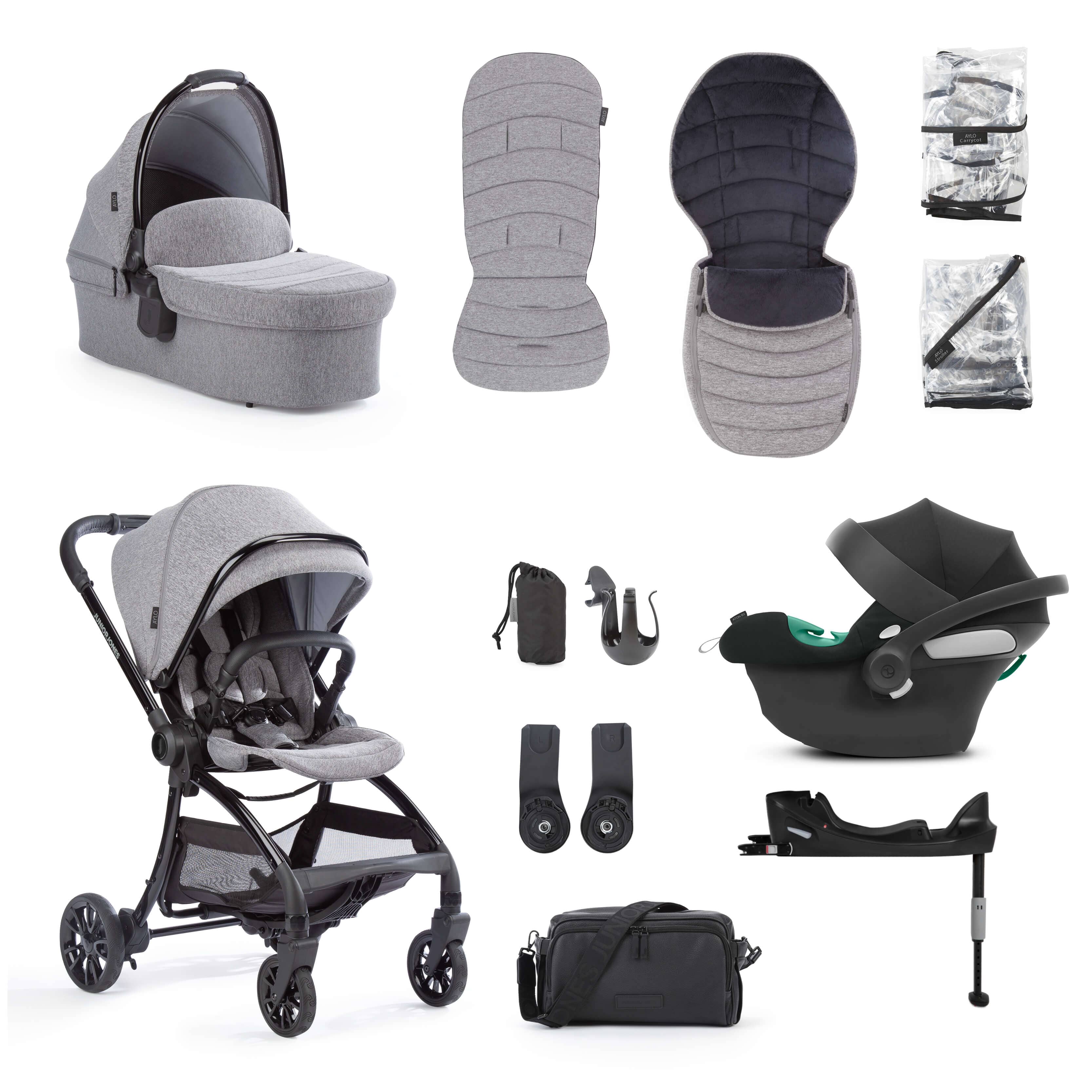 Junior Jones Aylo Grey Marl 12pc Travel System inc Cybex Volcano Black Car Seat juniorjones