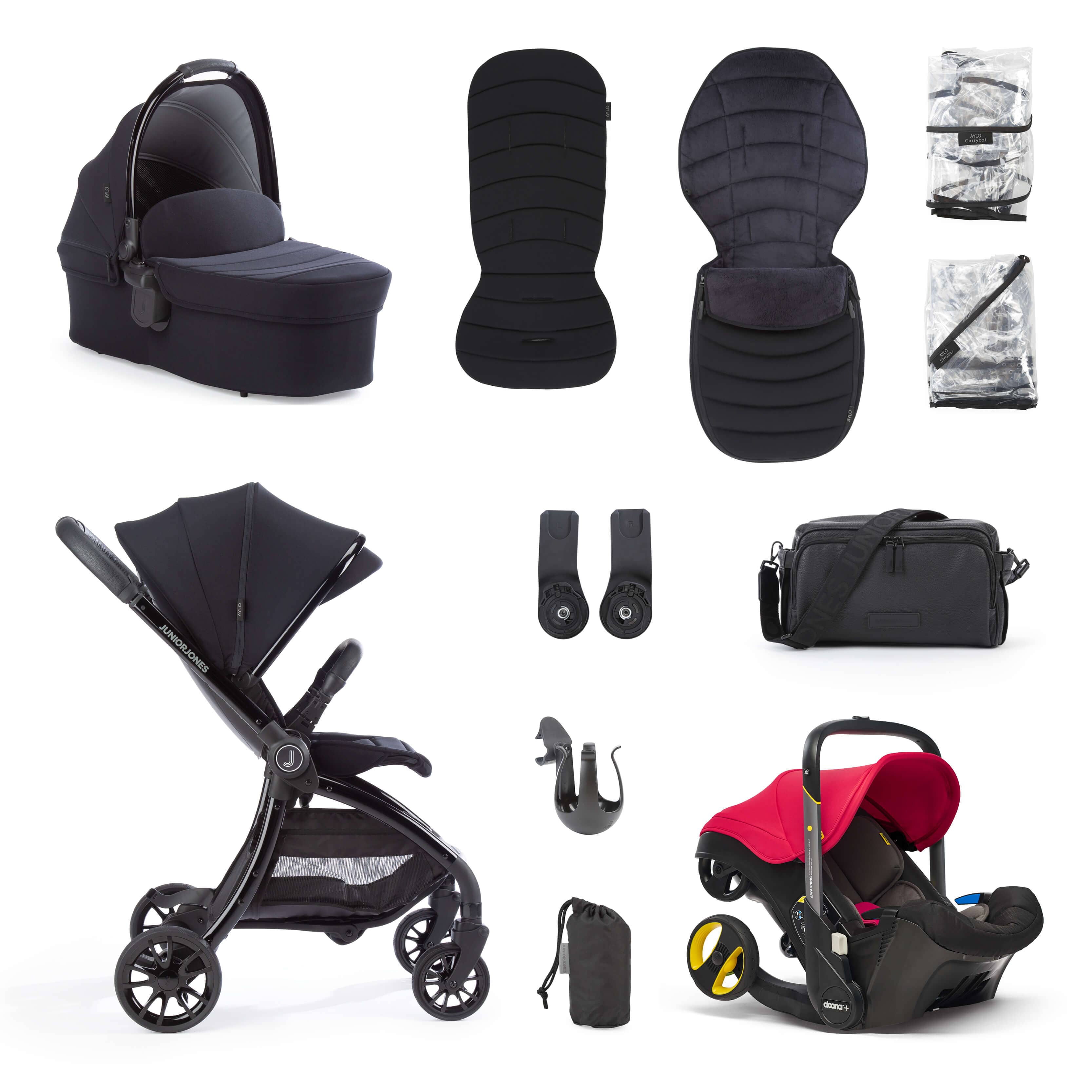 Junior Jones Aylo Rich Black 11pc Travel System inc Doona Flame Red Car Seat juniorjones