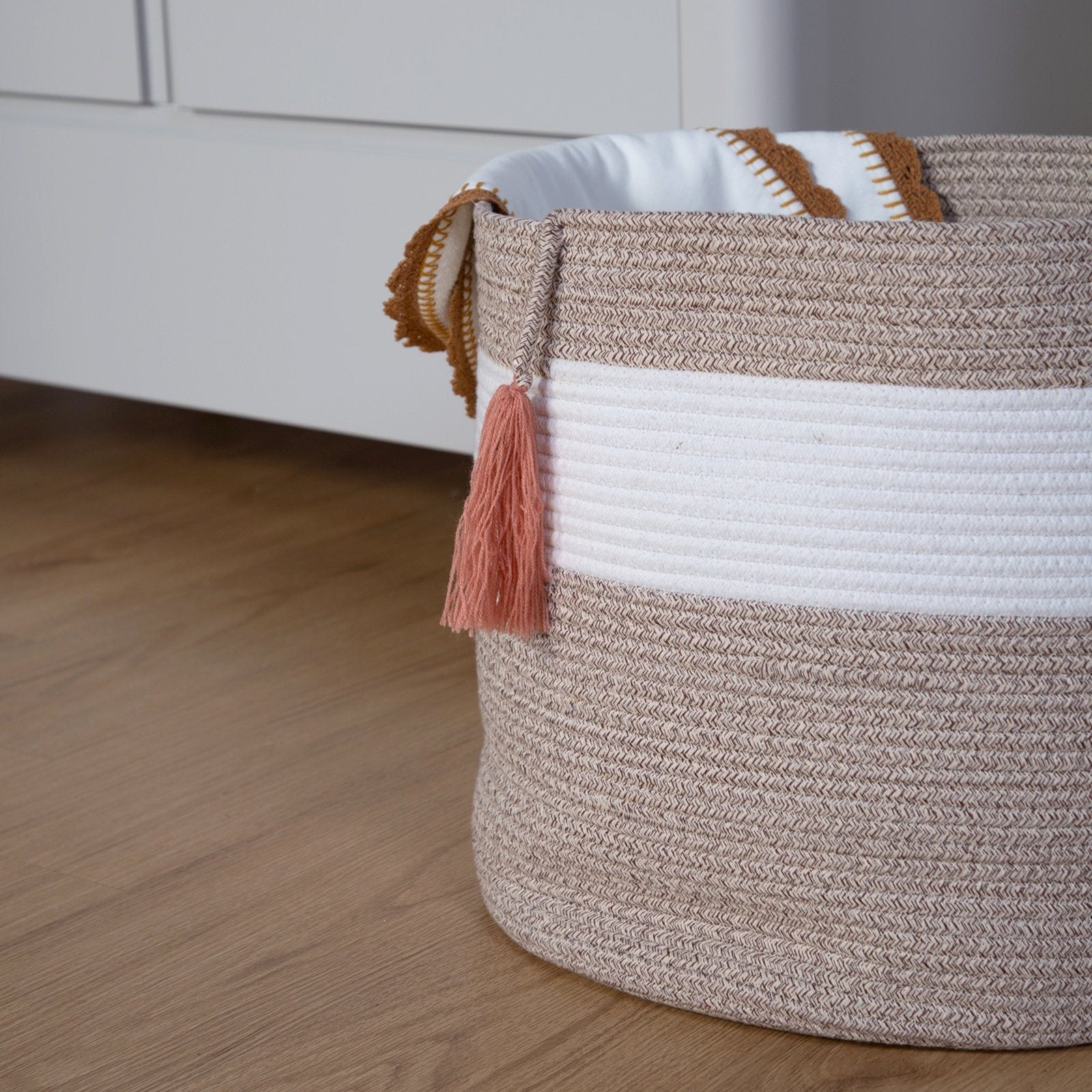 Cotton Rope Basket White Beige +Tassel Nude Nursery Decor Childhome