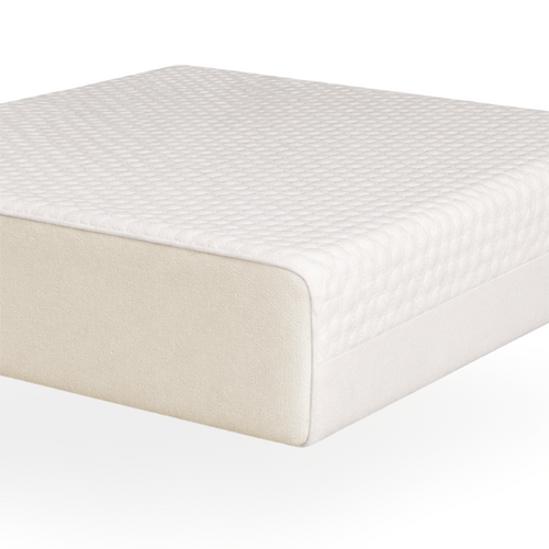 A white quilted mattress topper or mattress corner with a beige side panel, shown on a clean white background.