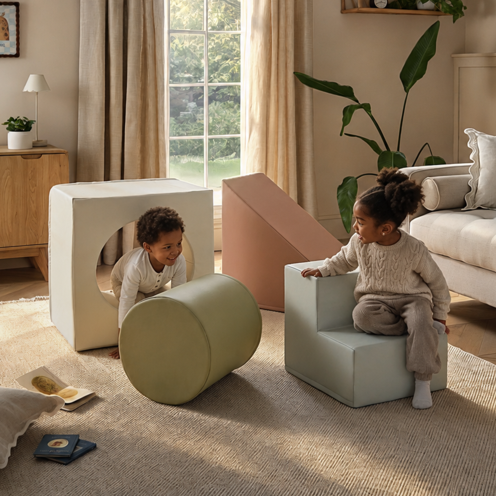 Two children playing with soft foam play furniture in a bright, modern living room. One child is inside a white cube-shaped foam block with a circular cutout, and the other is sitting on a light blue step stool.
