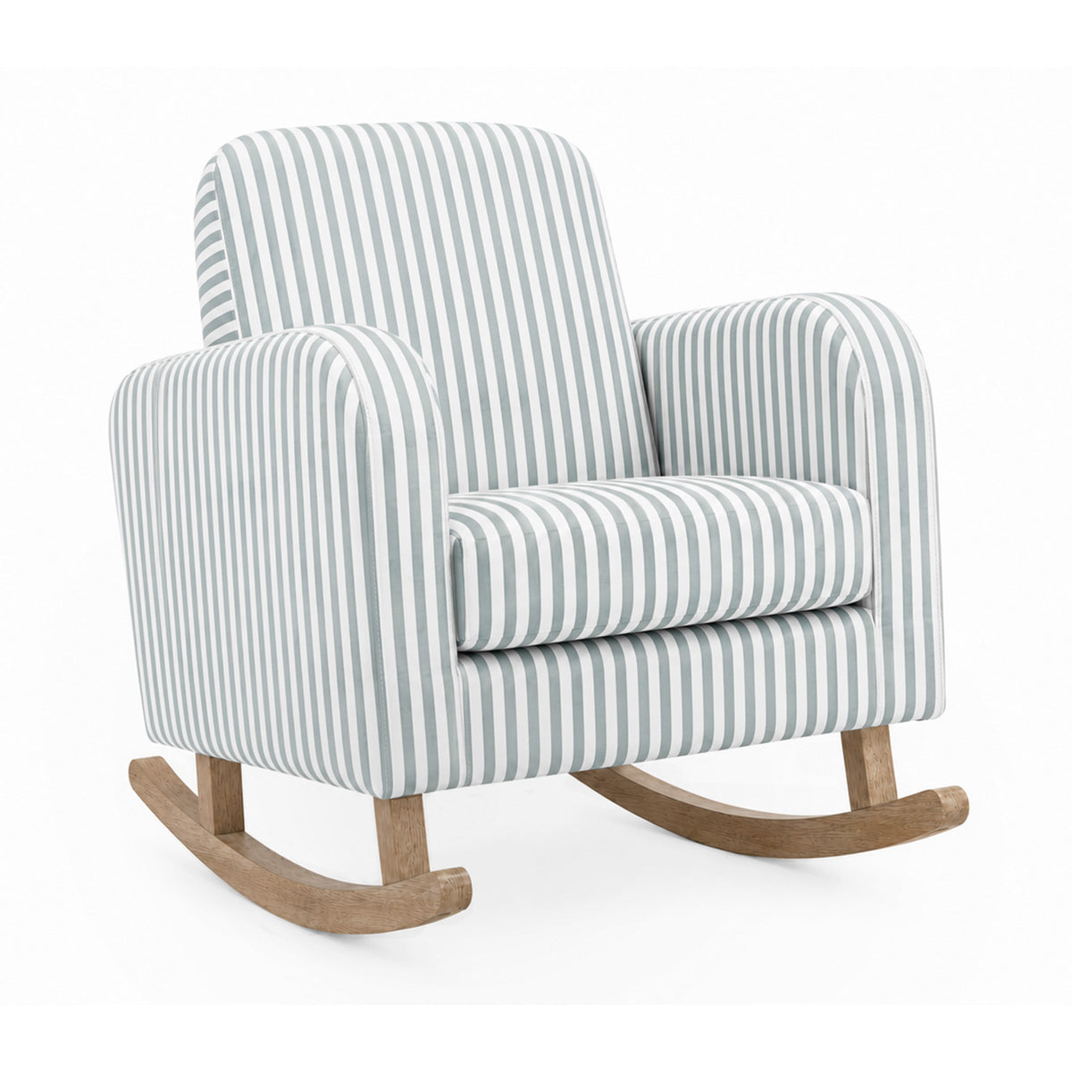 A child's upholstered rocking armchair with vertical sage green and white stripes, featuring a natural wood finish on the rocking legs, shown against a plain white background.