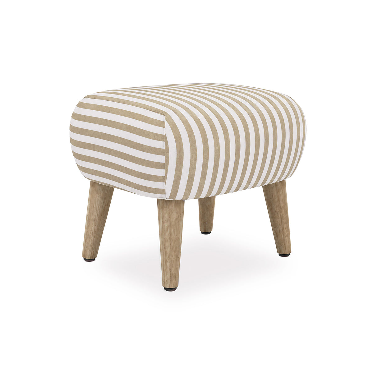 A small upholstered ottoman stool with a rounded rectangular seat covered in beige and off-white horizontal stripes, supported by four tapered natural wood legs with black rubber tips, shown on a plain white background.