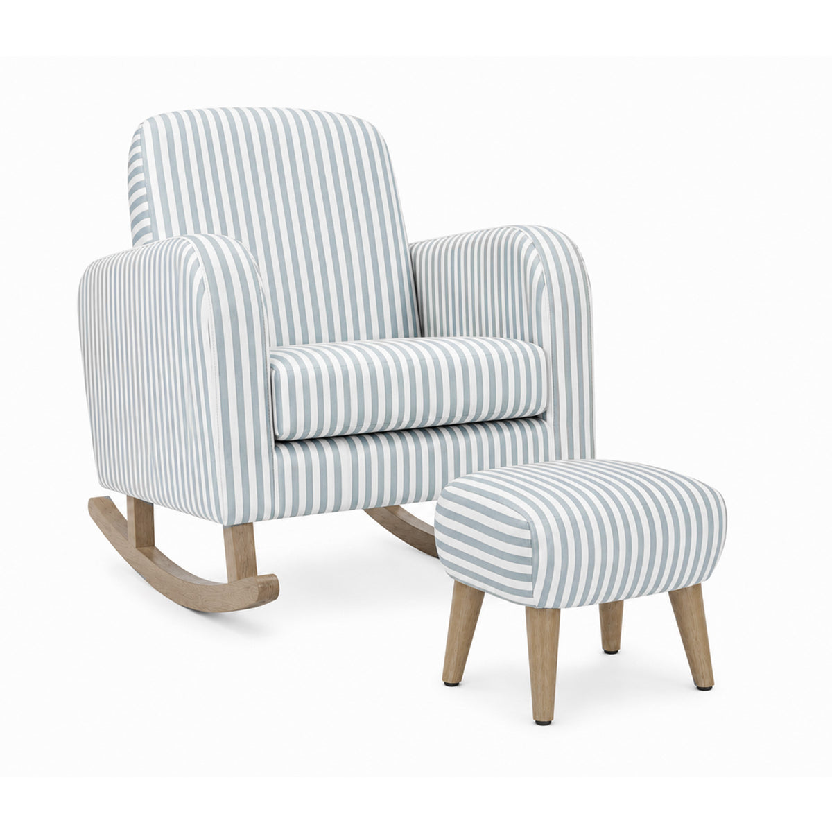 A striped fabric rocking chair with a matching ottoman, featuring light blue and white vertical stripes and natural wood legs, set against a plain white background.