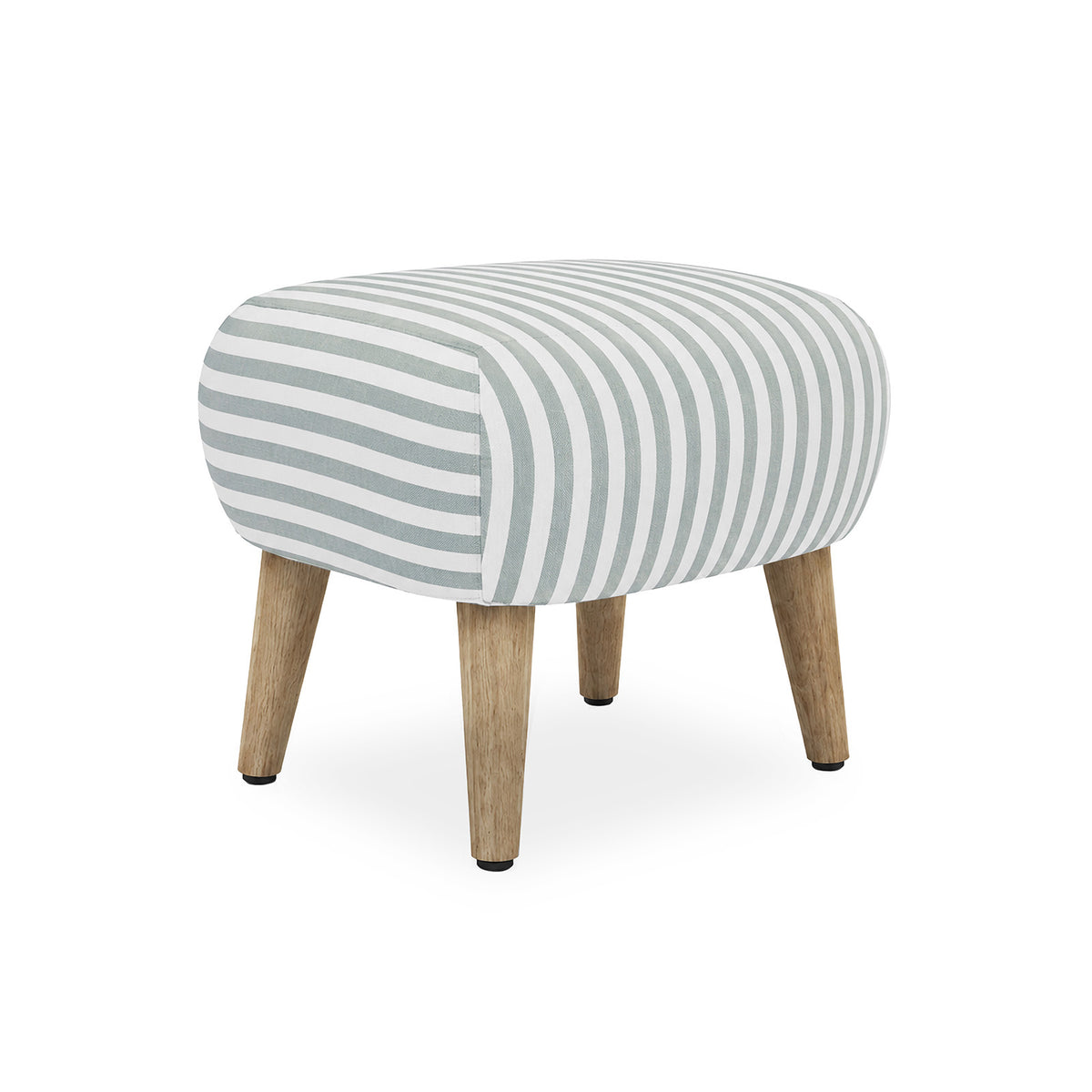 A low, rounded upholstered stool with a white fabric covered in blue vertical stripes, supported by four natural wood legs with black rubber tips, shown on a white background.