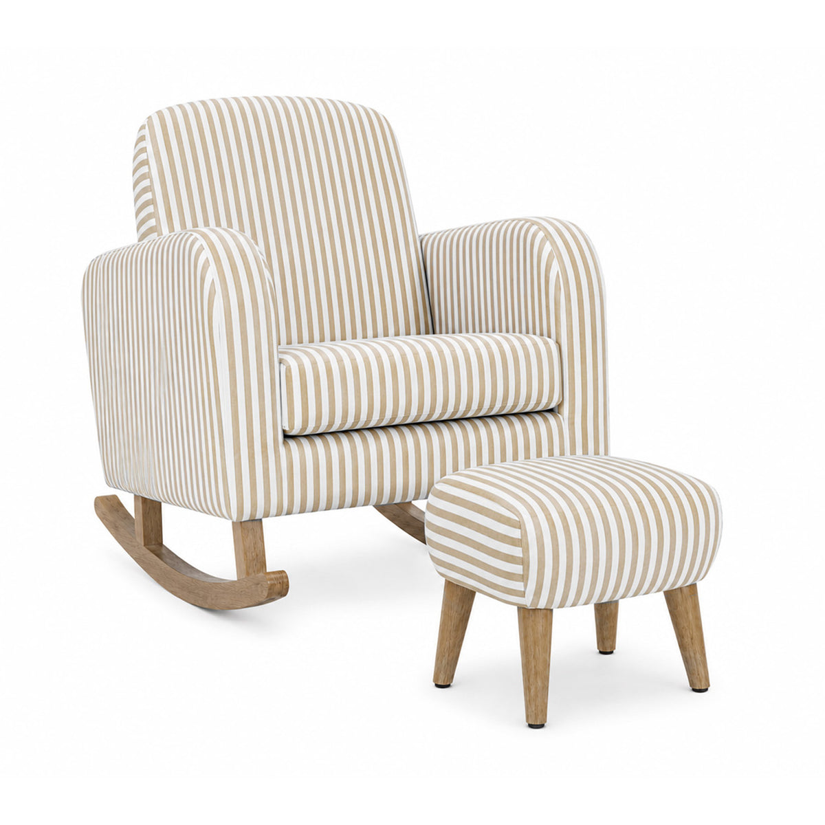 A rocking chair and matching ottoman set upholstered in cream fabric with vertical tan stripes, shown on a clean white background. The chairs feature light natural wood rocking and leg supports.