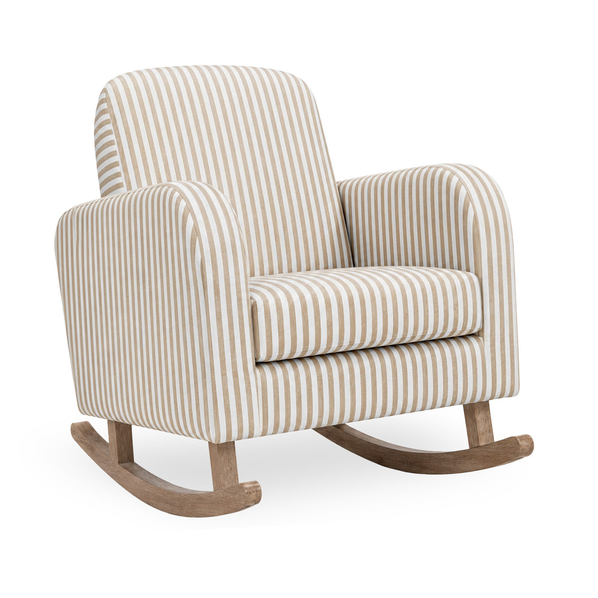 A striped fabric rocking chair with a natural wood rocking base, shown on a plain white background.