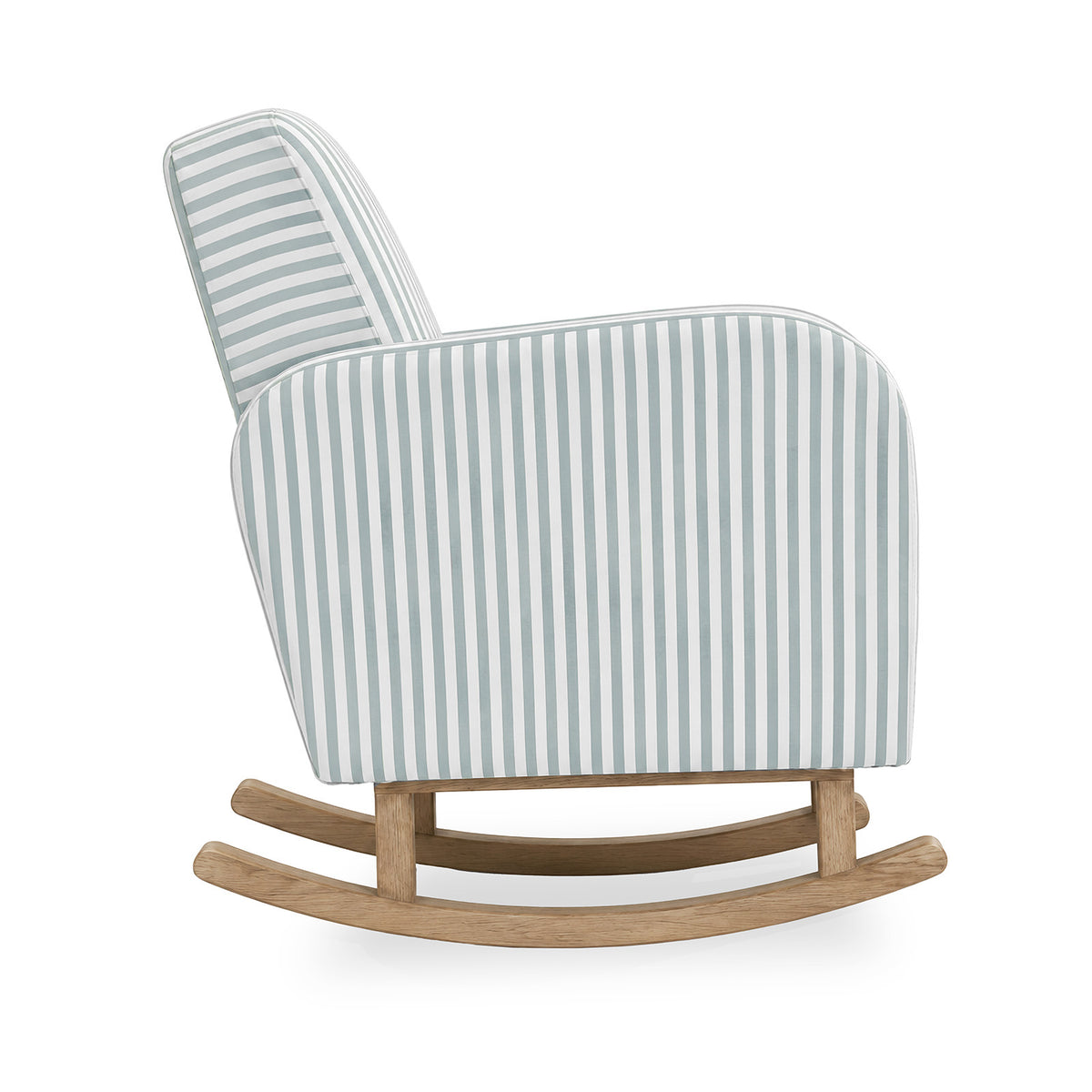 A modern upholstered rocking chair with a light blue and white vertical stripe pattern on the seat and back, supported by a natural oak wood rocking base, shown against a plain white background.