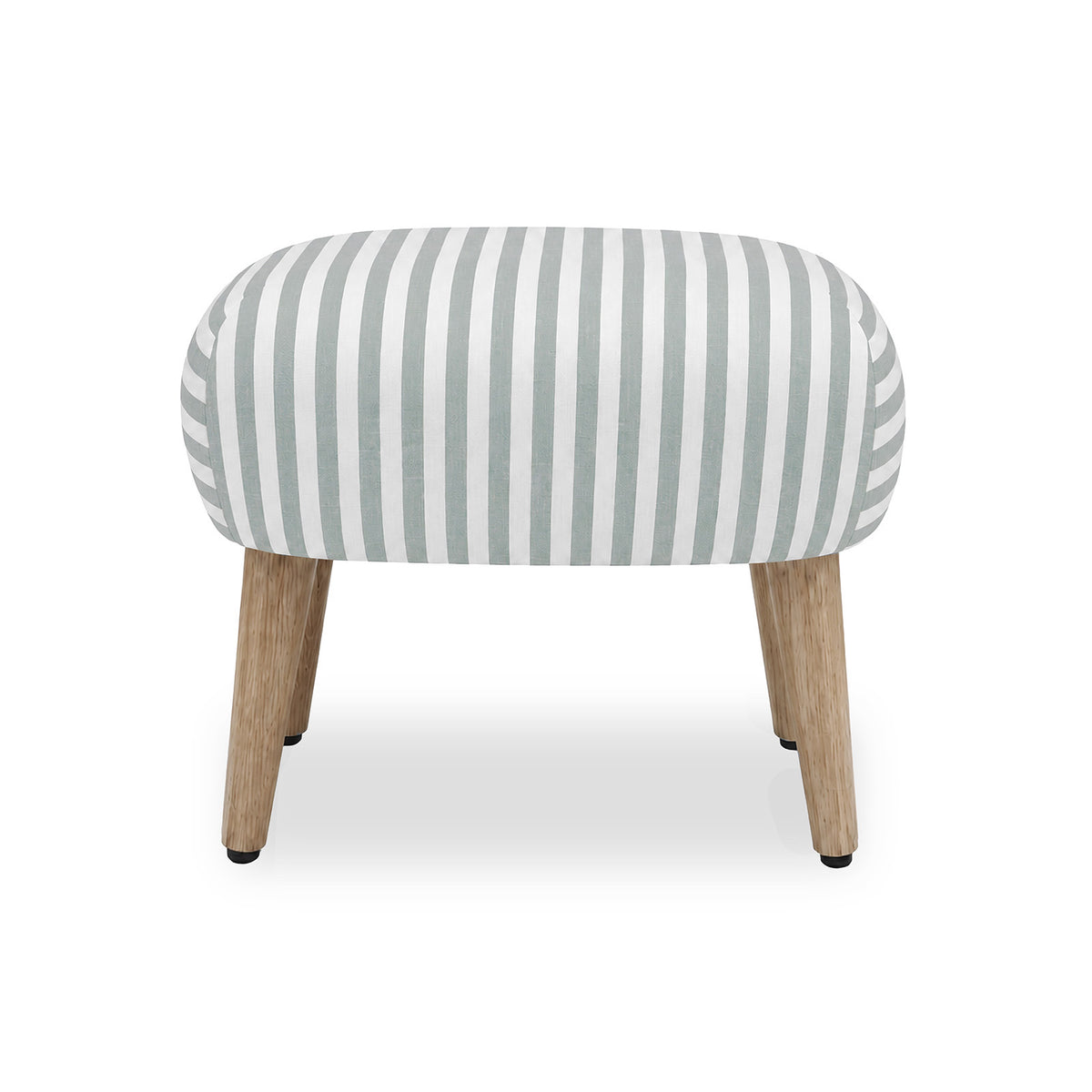 A modern upholstered stool with a rounded rectangular seat covered in vertical blue and cream stripes, supported by four tapered natural wood legs with black rubber feet, shown on a plain white background.