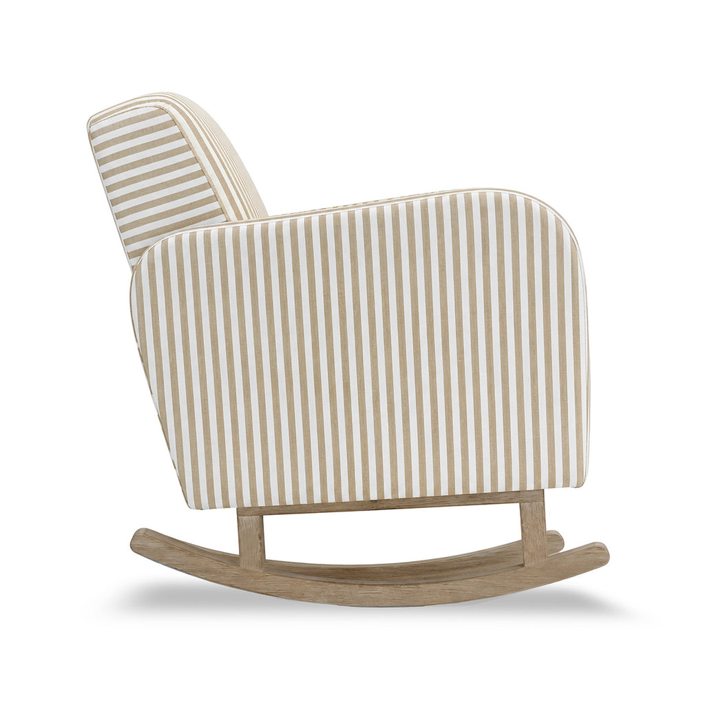 Striped upholstered rocking chair with a light wood base, shown on a clean white background.