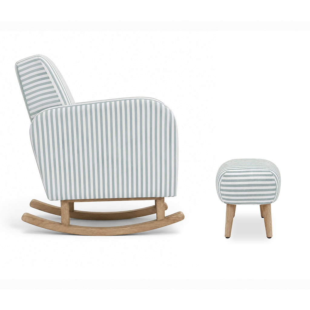 A rocking chair and matching ottoman with pale blue and white vertical stripes, featuring light natural wood rockers and legs, shown on a white background.