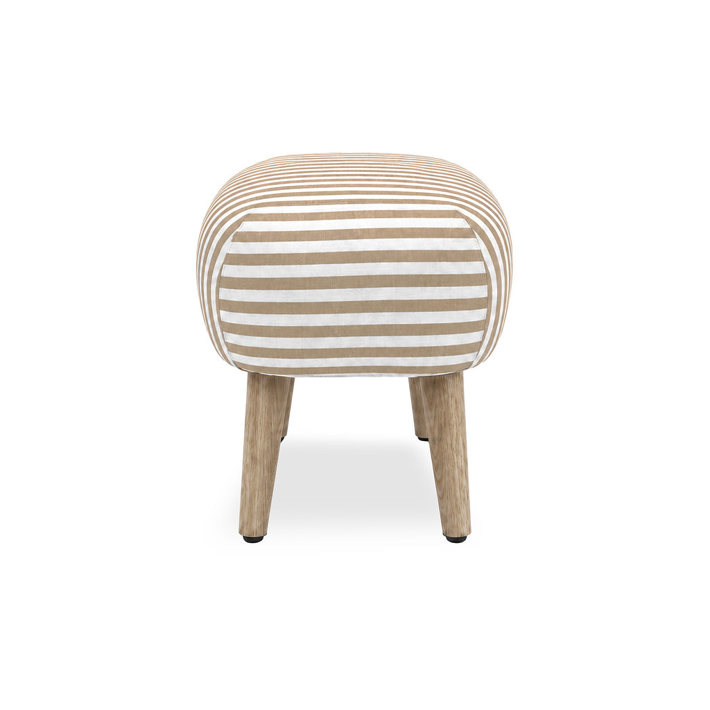 A small upholstered stool with a rounded square cushion covered in beige and white horizontal stripes, supported by four tapered light wood legs on a white background.