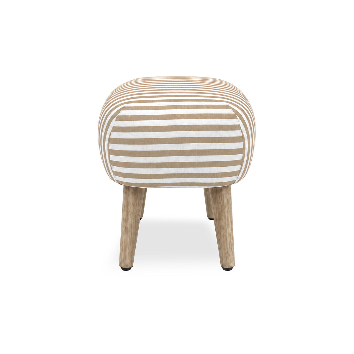 A small upholstered stool with a rounded square cushion covered in beige and white horizontal stripes, supported by four tapered light wood legs on a white background.