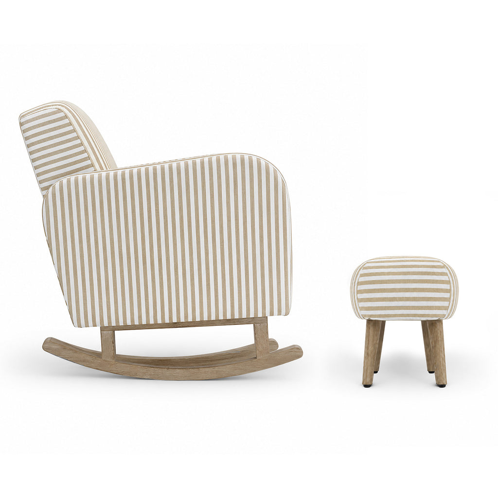 A rocking chair and matching ottoman set with cream and beige vertical striped upholstery and light natural wood bases, shown on a clean white background.