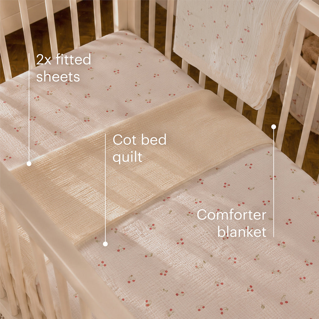 4 Piece Cot Bed Bedding Set - Ditsy Cherry