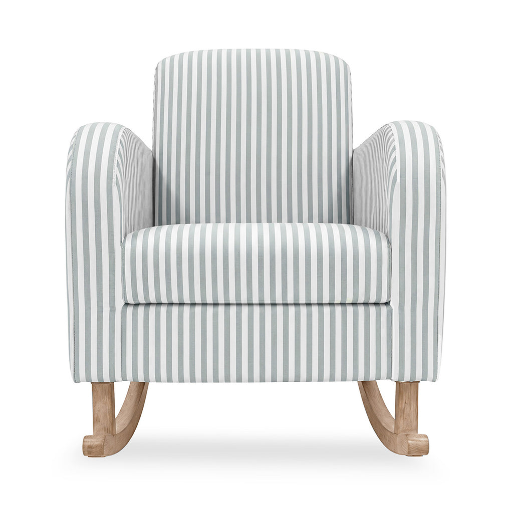 A single upholstered armchair with pale blue and white vertical stripes, featuring curved wooden legs, shown against a plain white background.