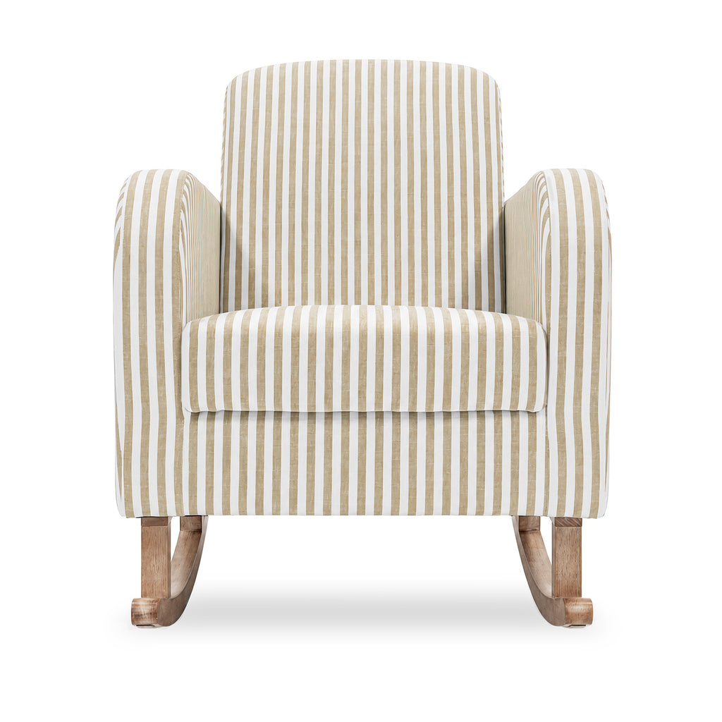 A single upholstered rocking chair with vertical beige and off-white stripes, featuring a natural wood finish on the rocking legs, shown against a plain white background.