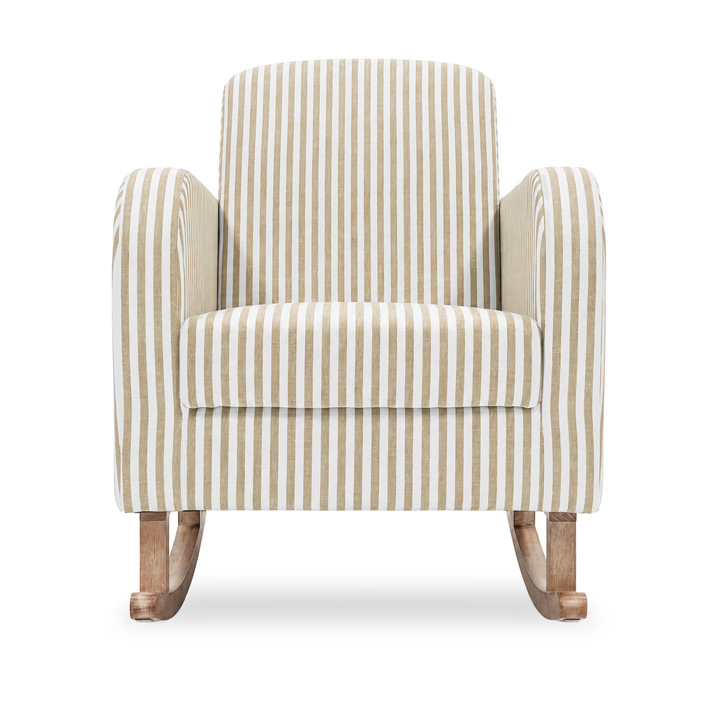 A single upholstered rocking chair with vertical beige and off-white stripes, featuring a natural wood rocking base, shown against a plain white background.