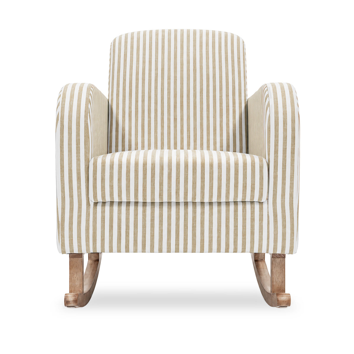 A single upholstered rocking chair with vertical beige and off-white stripes, featuring a natural wood rocking base, shown against a plain white background.