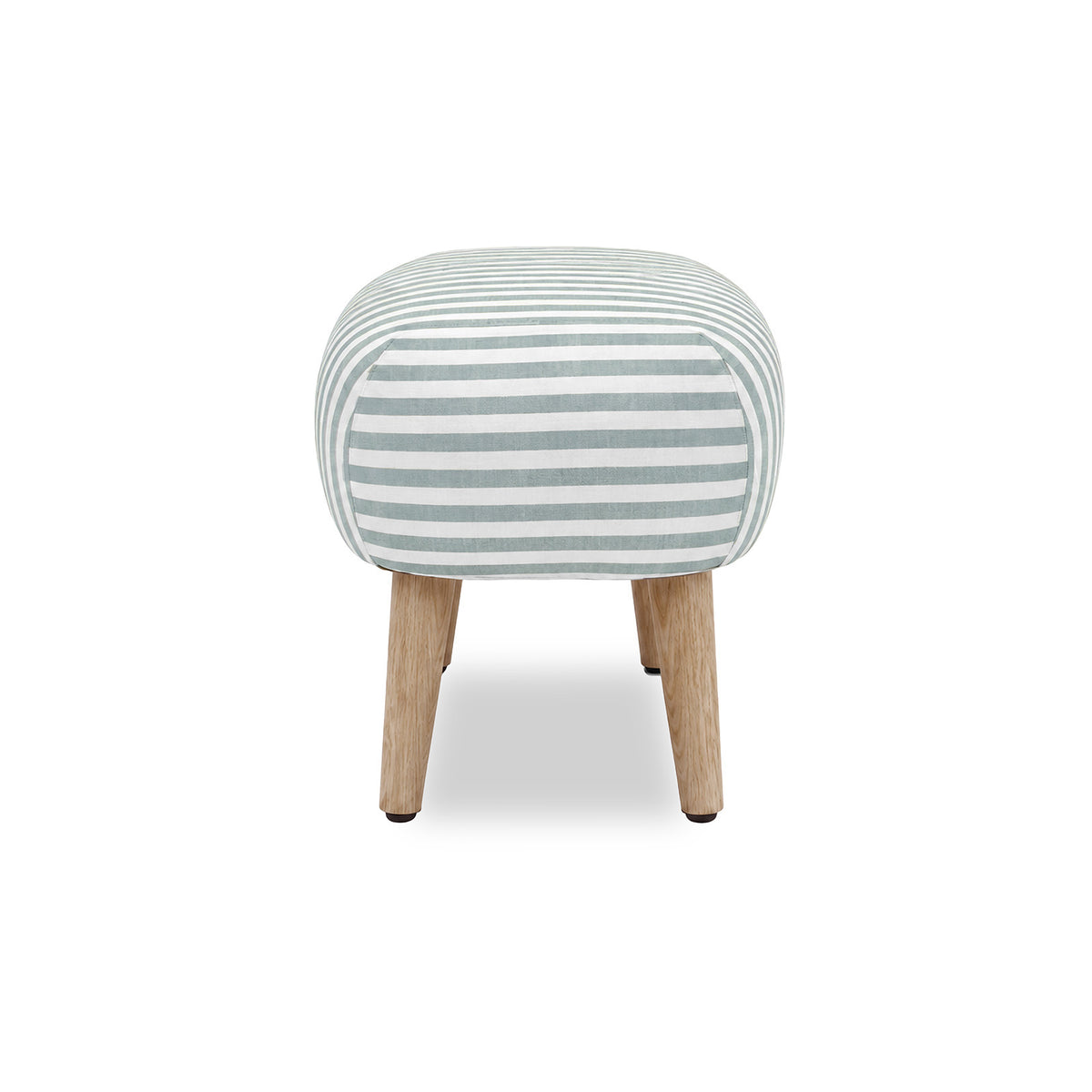 A small upholstered stool with a rounded square cushion covered in blue and white horizontal stripes, supported by four tapered light wood legs on a white background.