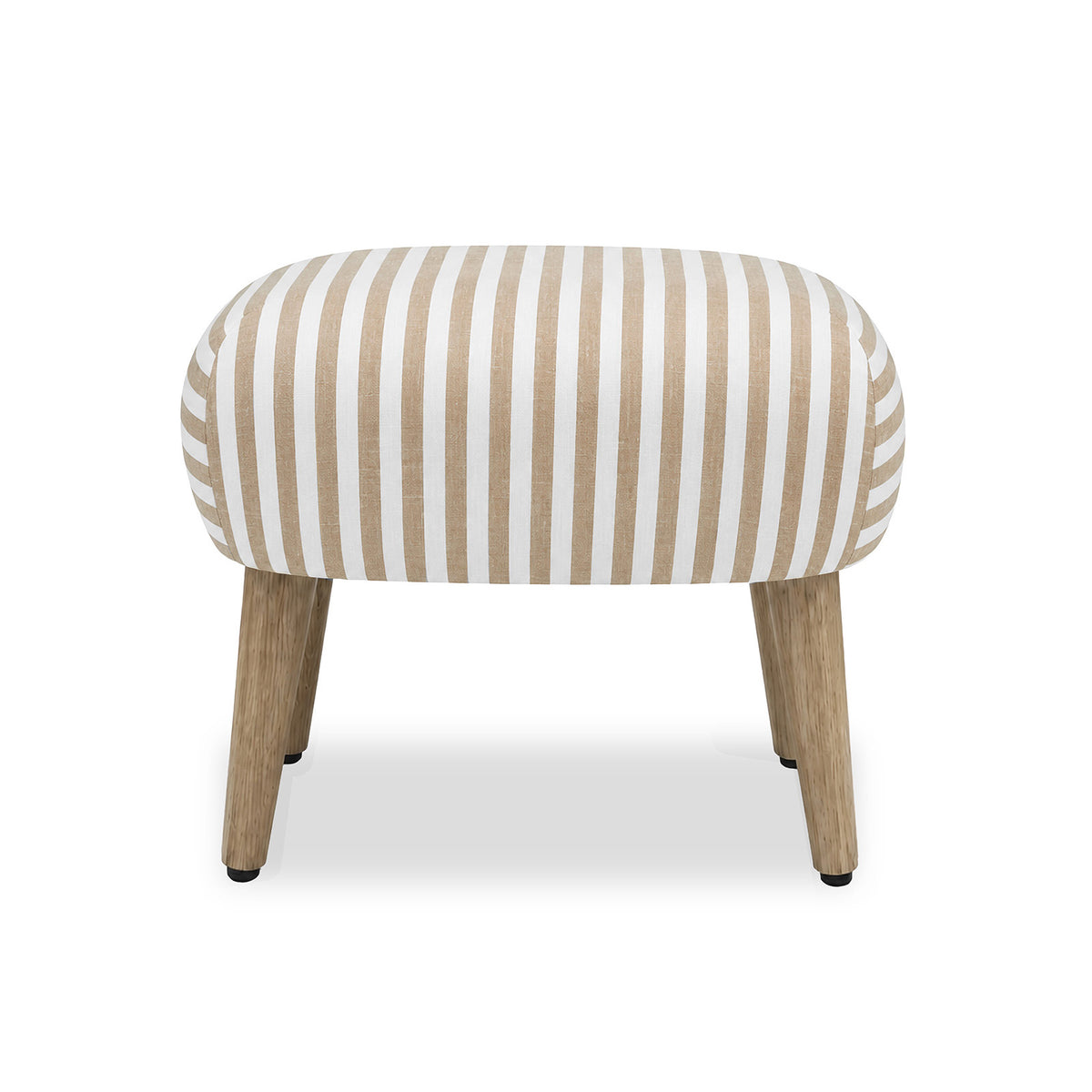 A low upholstered stool with a rounded rectangular seat covered in vertical beige and white stripes, supported by four tapered natural wood legs with small black feet, shown on a white background.
