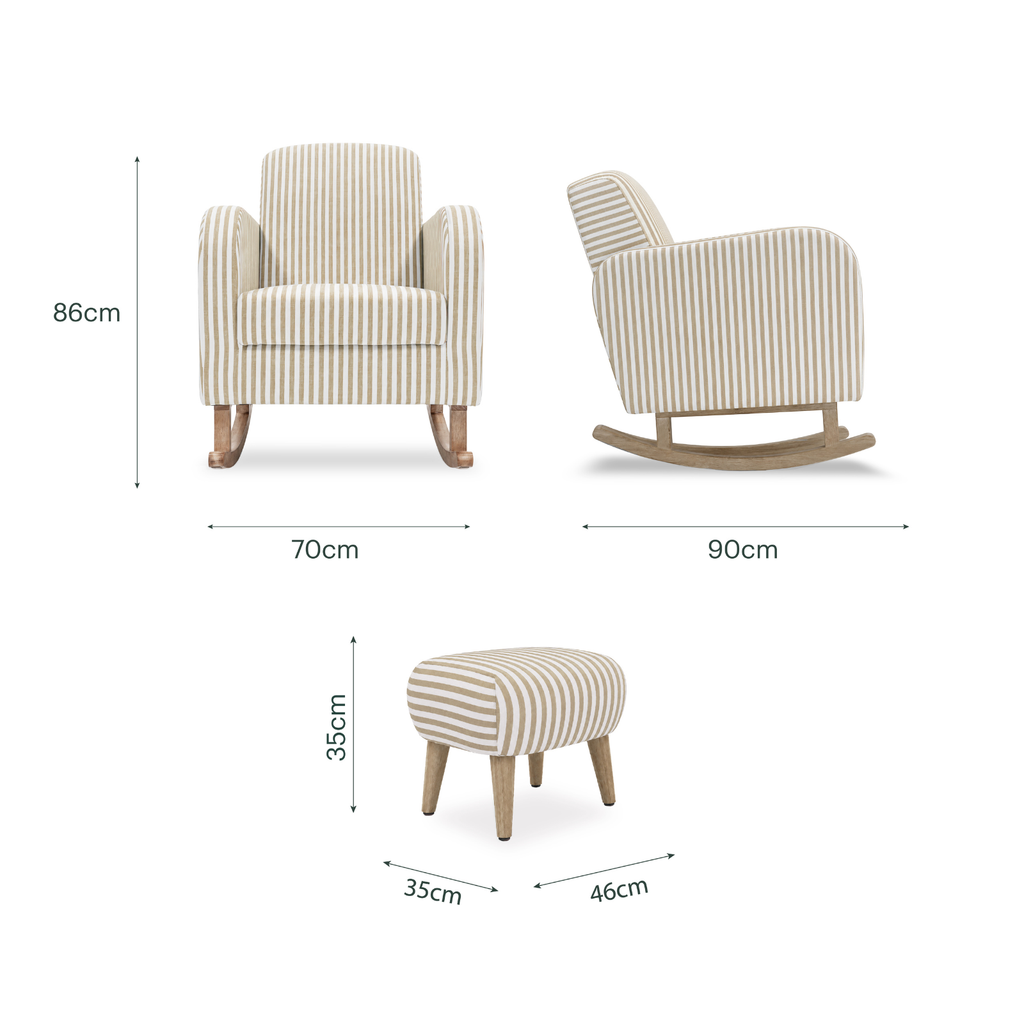 A striped upholstered armchair shown from the front and side with dimension labels, plus a matching ottoman below, on a white background.