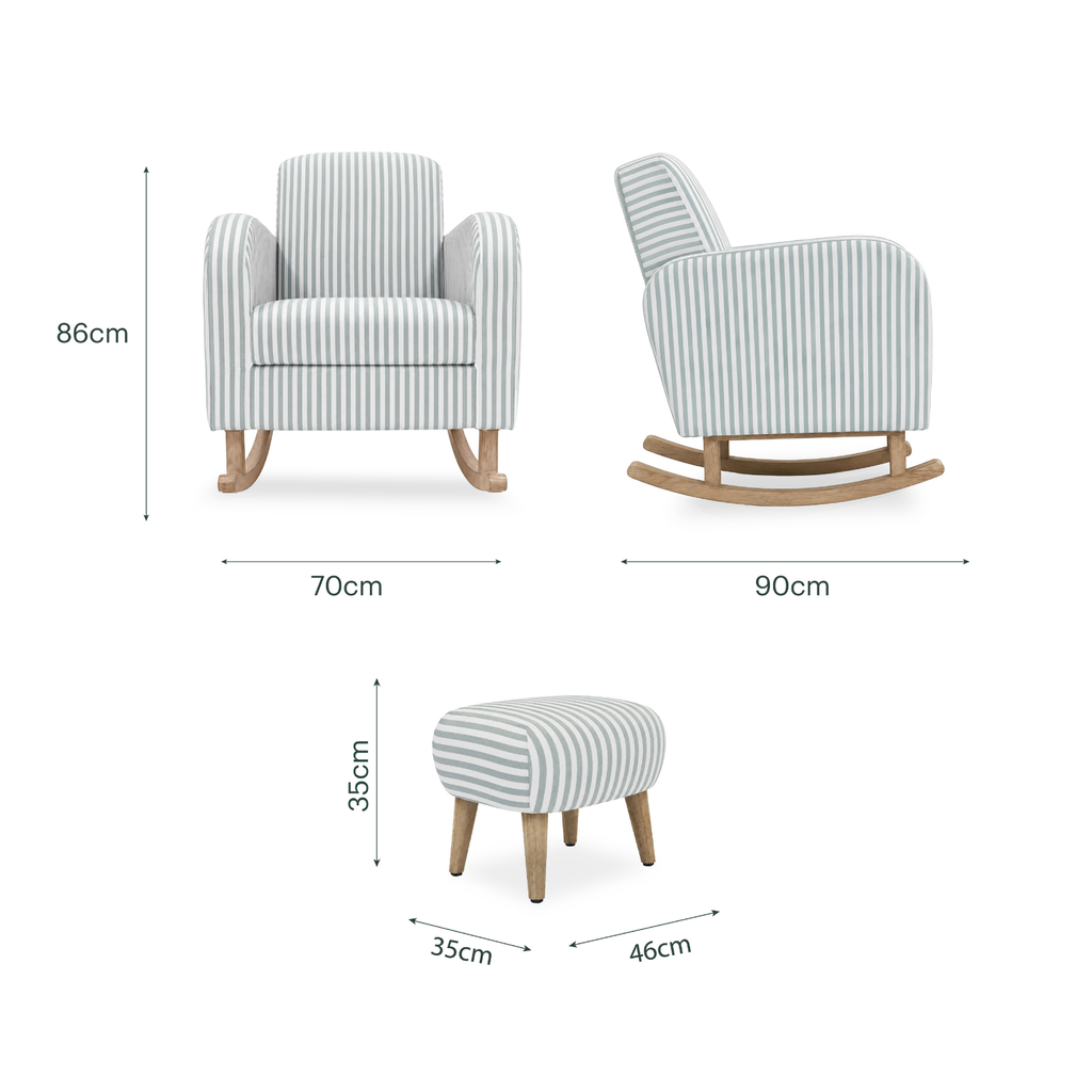 A striped upholstered rocking chair shown from front and side views with dimension labels, plus a matching striped ottoman below on a white background.