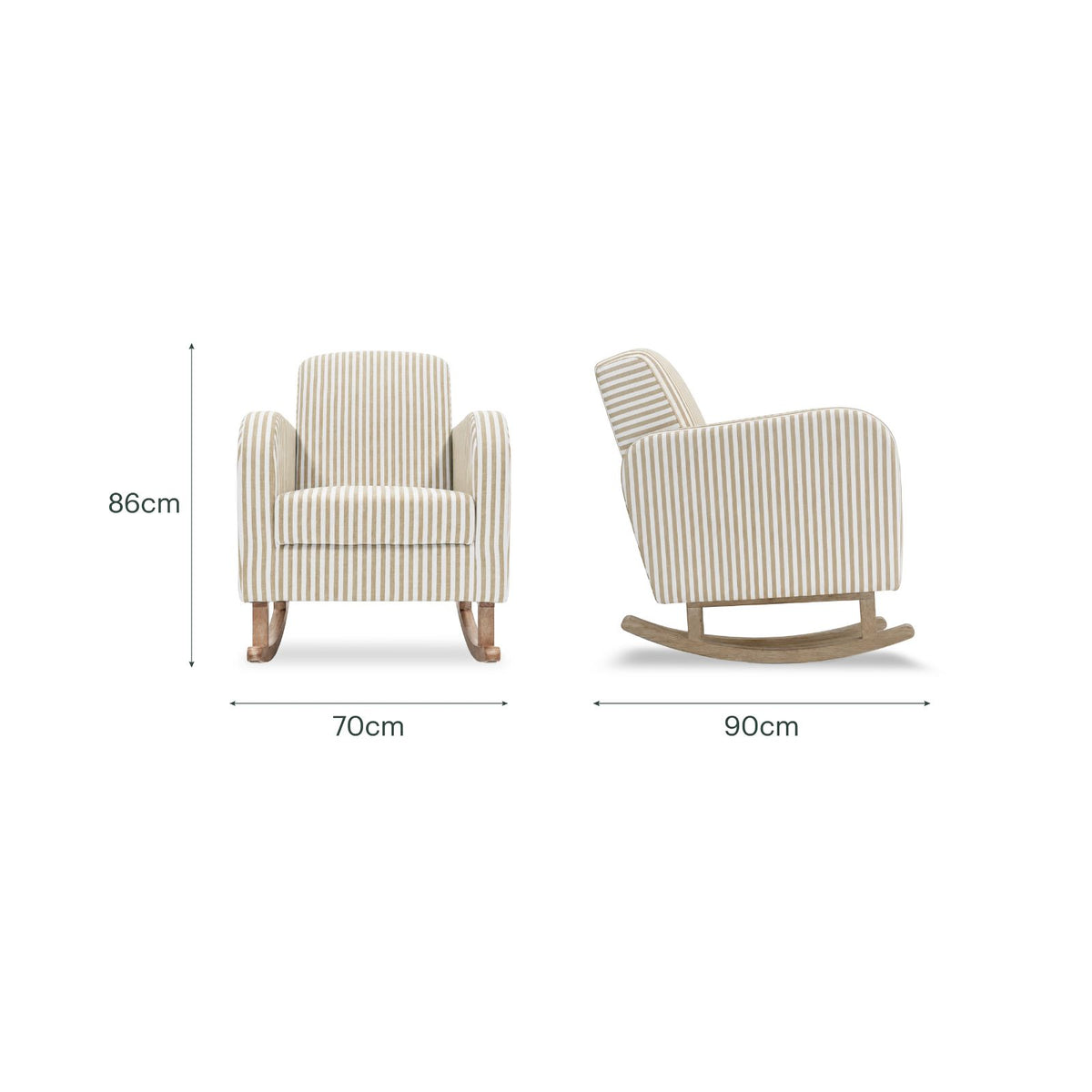 A striped upholstered armchair shown from the front and side on a white background, with dimension labels indicating 70 cm width, 90 cm width, 86 cm height, and rocking base width.