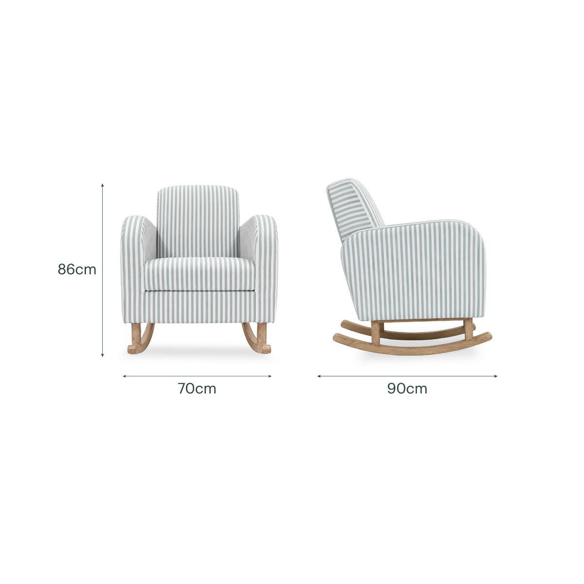A striped upholstered rocking chair shown from two angles with dimension labels: front view marked 70cm wide and 86cm tall, side view marked 90cm wide.