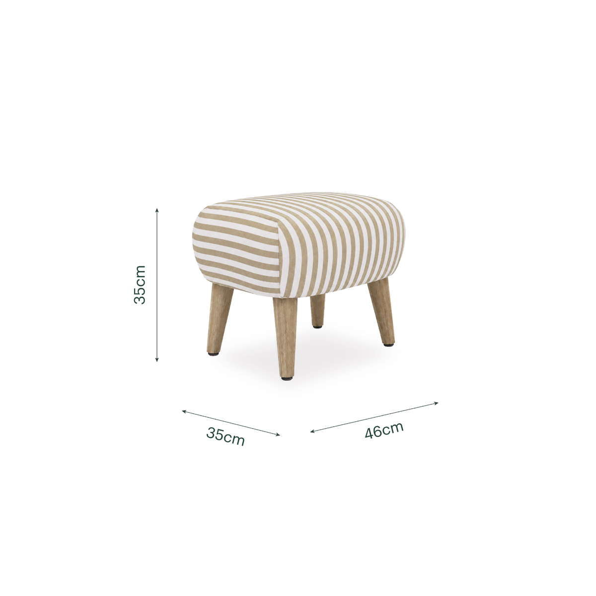 A small upholstered ottoman with a beige and cream striped fabric top and four natural wood legs, shown with dimension lines indicating 35cm height, 35cm width, and 46cm depth on a white background.