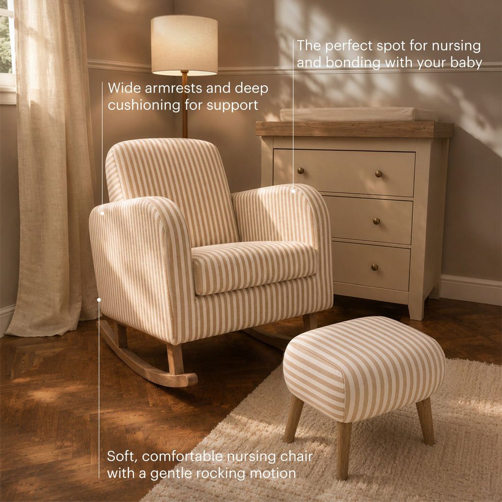 A cream and beige striped rocking chair with wide armrests and a matching striped ottoman in a softly lit nursery setting, with overlaid marketing text describing comfort and bonding features.