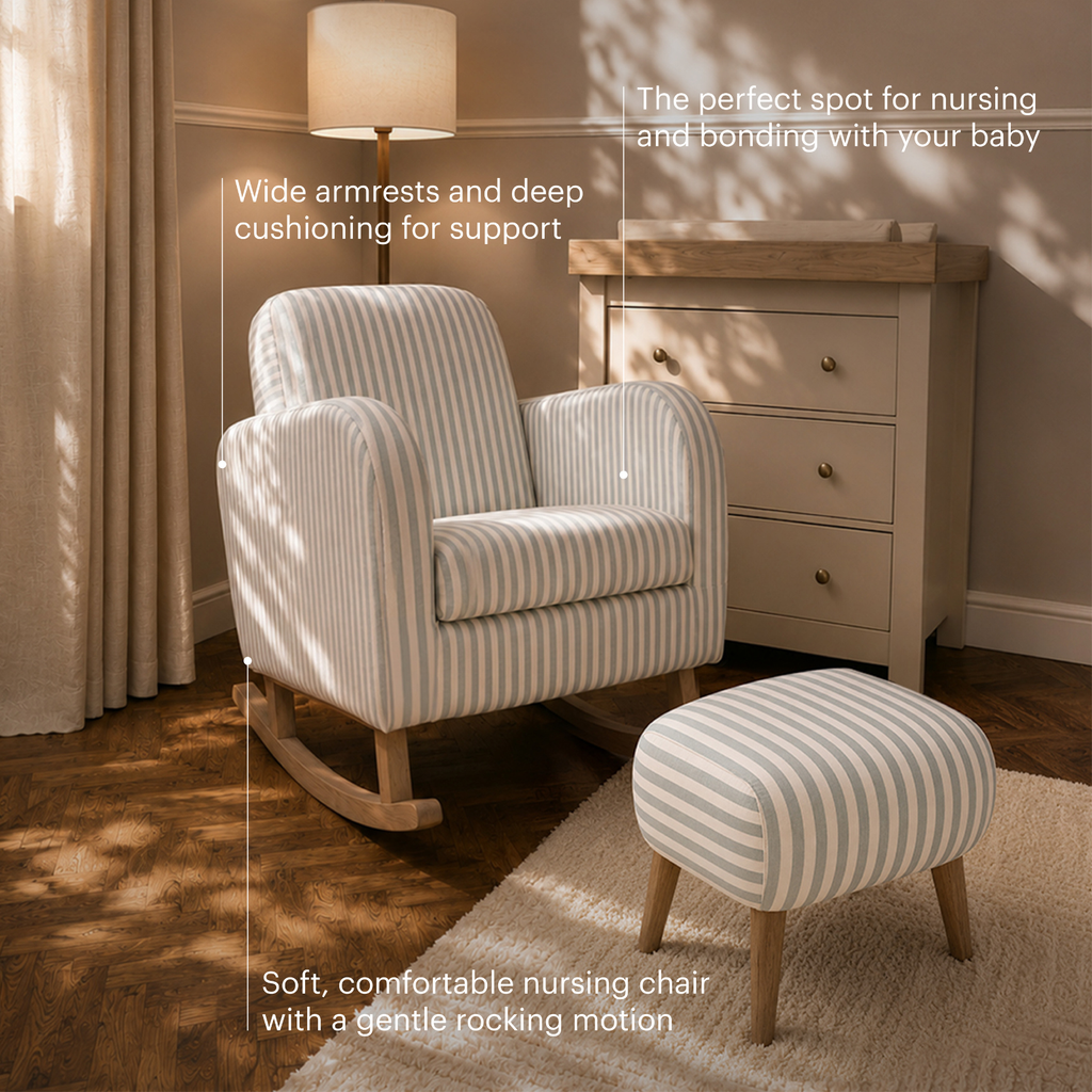 A striped rocking chair with a matching ottoman in a softly lit nursery setting, with text overlays highlighting the chair's wide armrests, deep cushioning, and comfortable design.