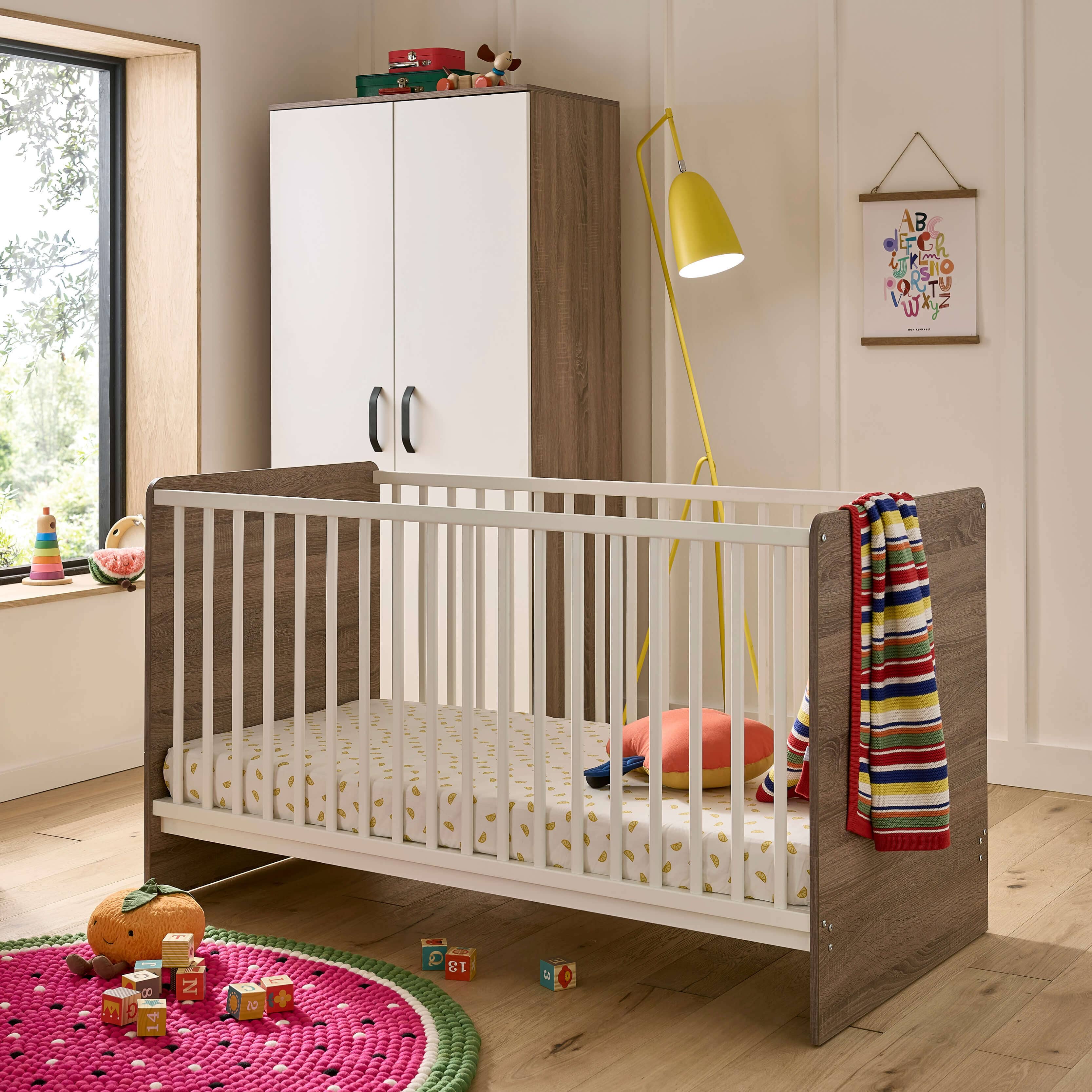 Enzo Cot Bed & Wardrobe Bundle – Truffle Oak & White Furniture Sets CuddleCo 