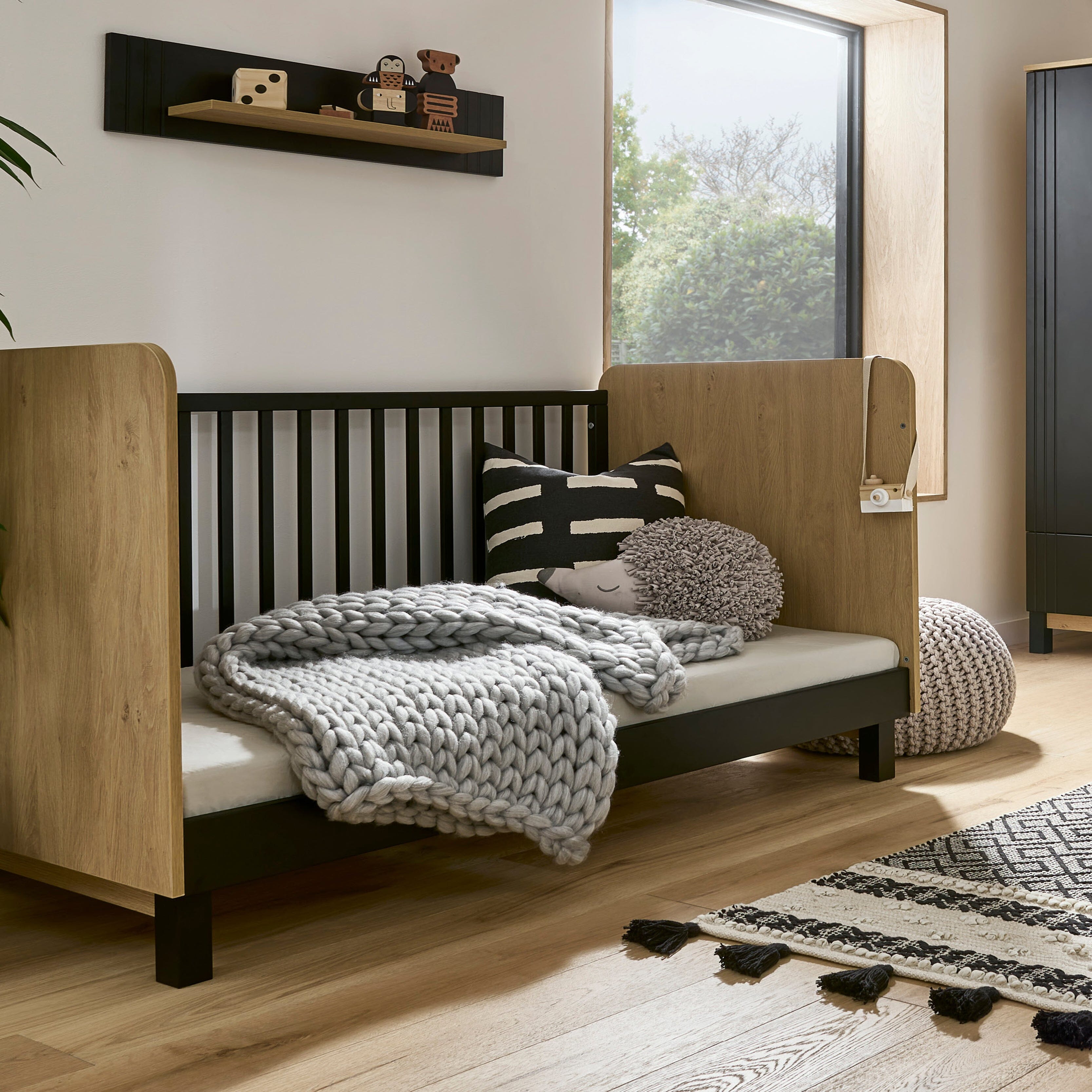 Rafi Cot Bed - Oak & Black Furniture Singles CuddleCo 