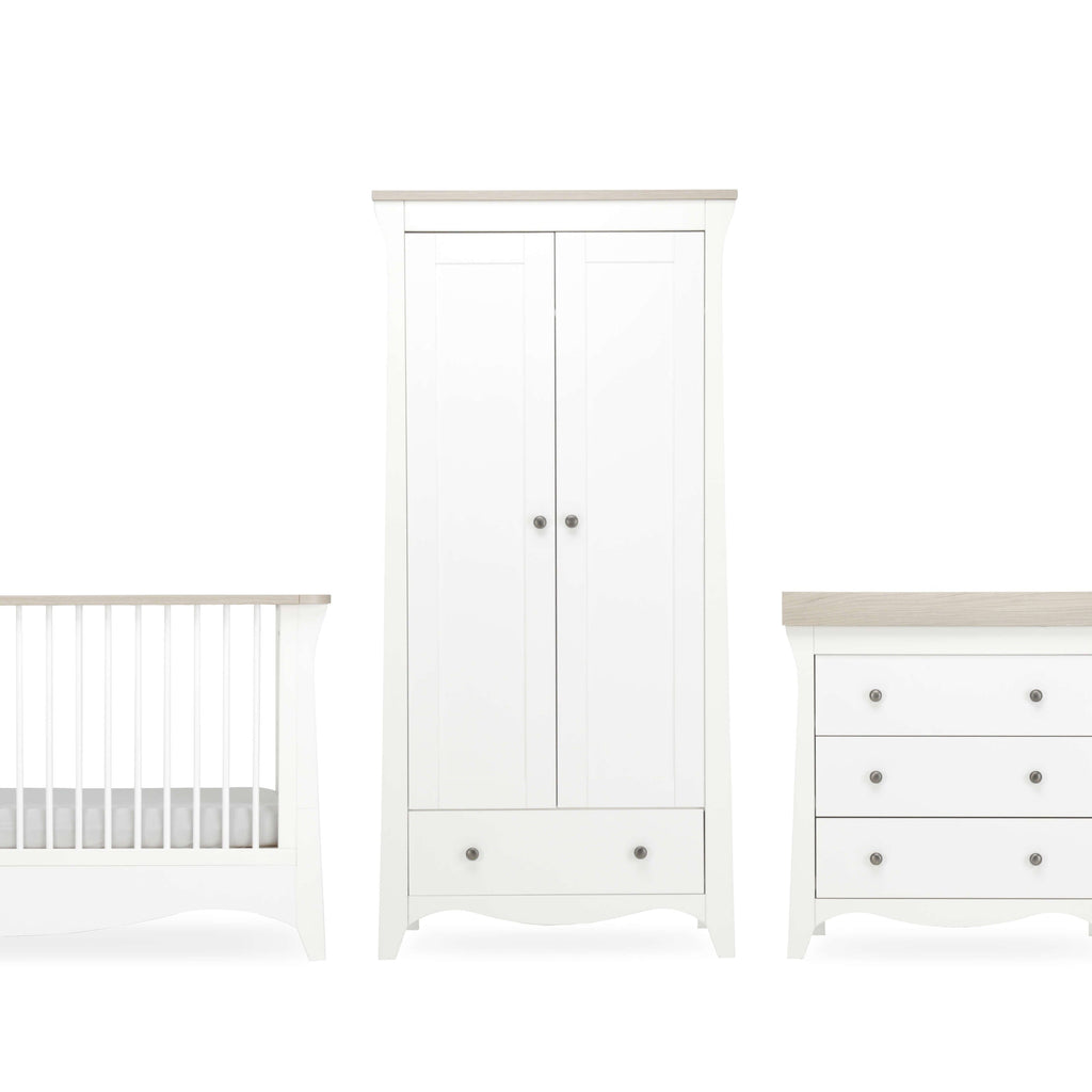 Clara 3 Piece Nursery Furniture Set (Cot Bed, Wardrobe & Dresser) - White & Ash Furniture Sets CuddleCo 