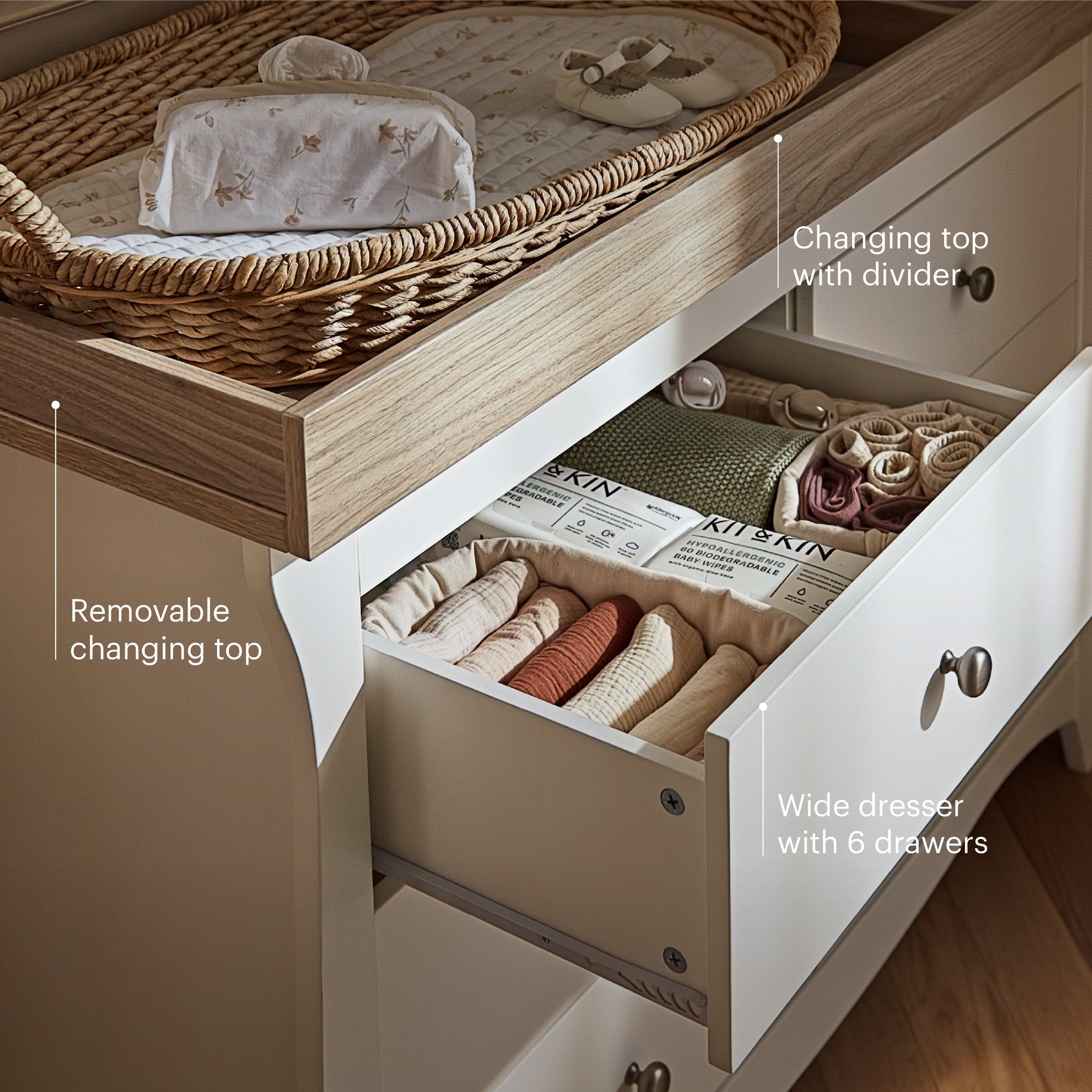 Clara 6 Drawer Dresser - White & Ash Furniture Singles CuddleCo 