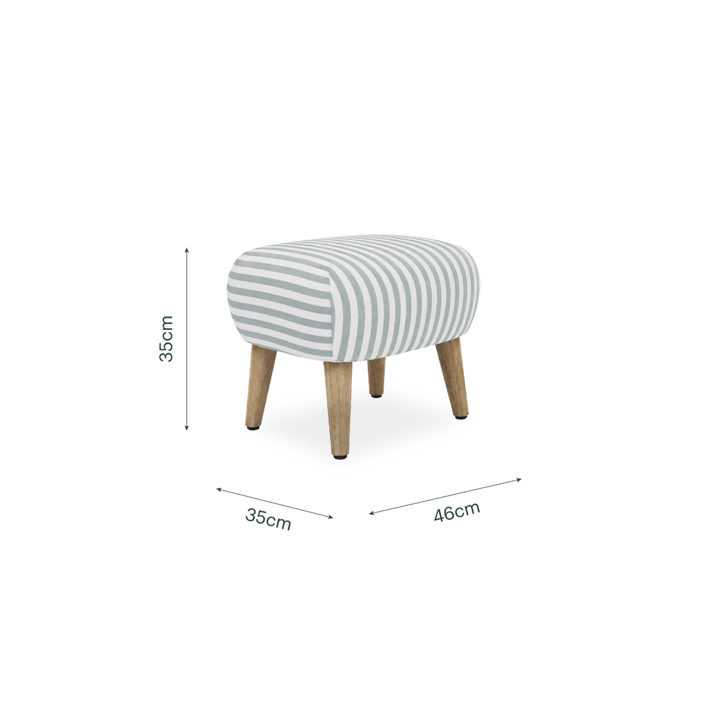 A small upholstered ottoman with a light gray and white striped fabric top and four natural wood legs, shown with dimension lines indicating 35cm height, 35cm width, and 46cm depth on a white background.
