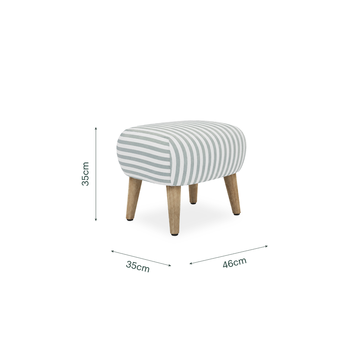 A small upholstered ottoman with a light gray and white striped fabric top and four natural wood legs, shown with dimension lines indicating 35cm height, 35cm width, and 46cm depth on a white background.