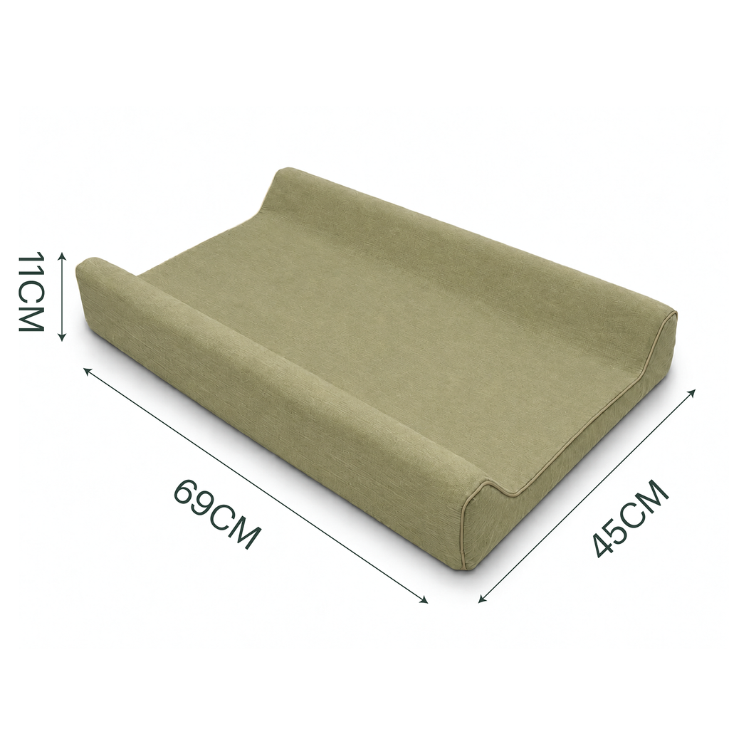 An olive green changing pad shown on a white background with dimension lines and labels indicating 69cm length, 45cm width, and 11cm height.