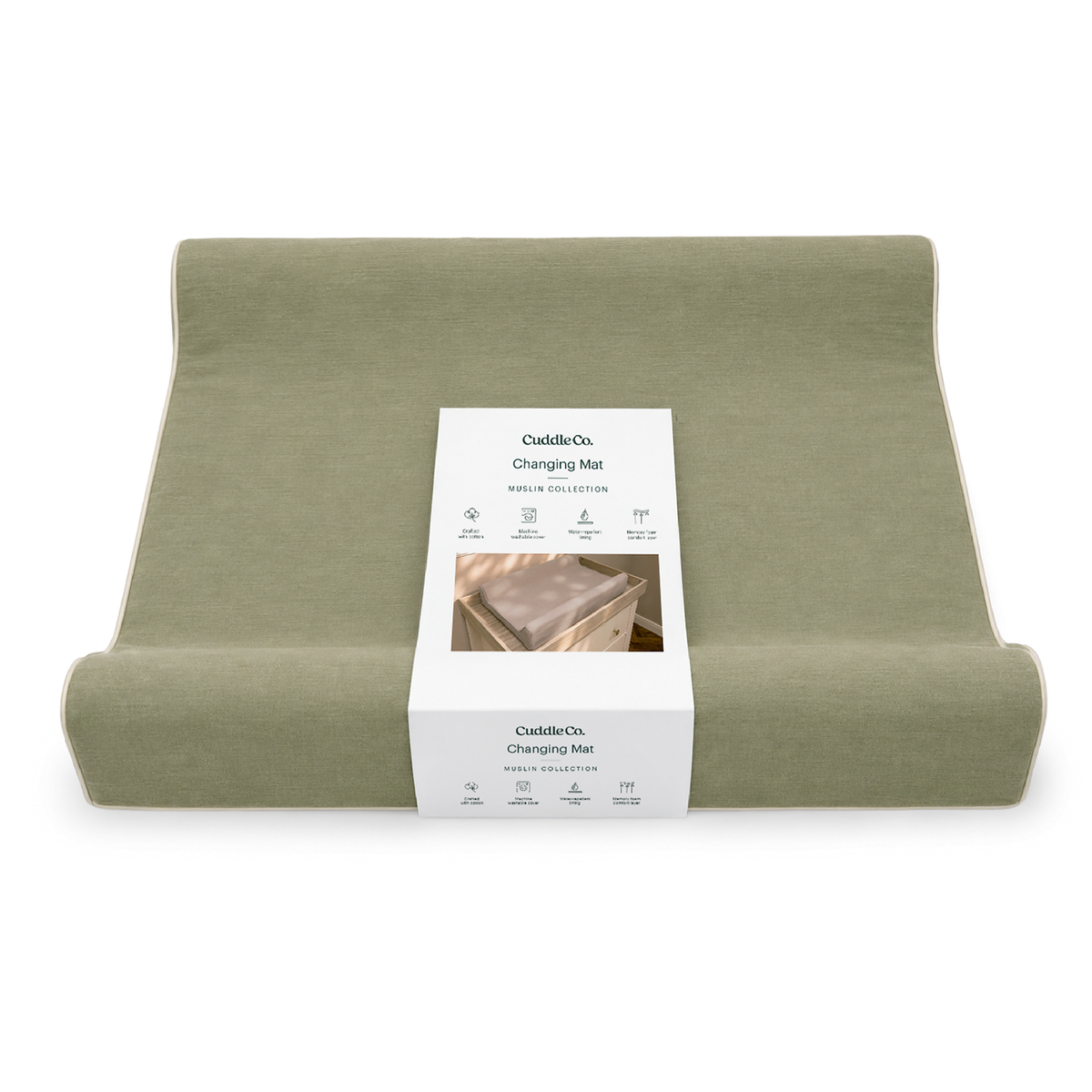 An olive green changing mat by CuddleCo, folded and wrapped with a white paper label in the center, set against a plain white background.