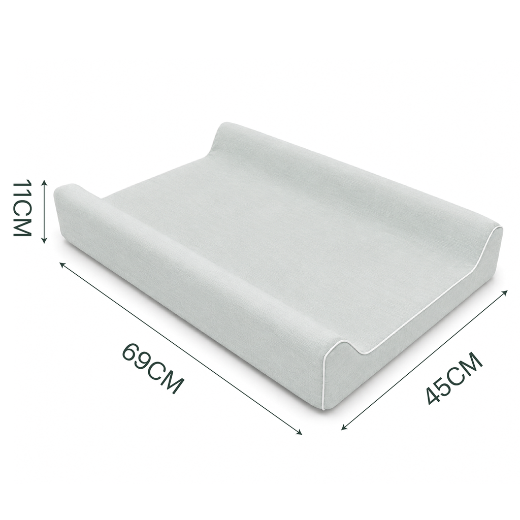 A light blue changing pad shown on a white background with dimension arrows and labels indicating 69CM length, 45CM width, and 11CM height.