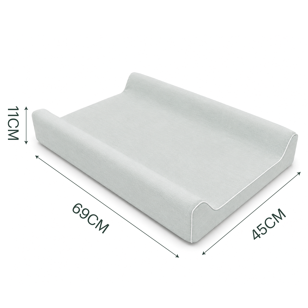 A light blue changing pad shown on a white background with dimension arrows and labels indicating 69CM length, 45CM width, and 11CM height.