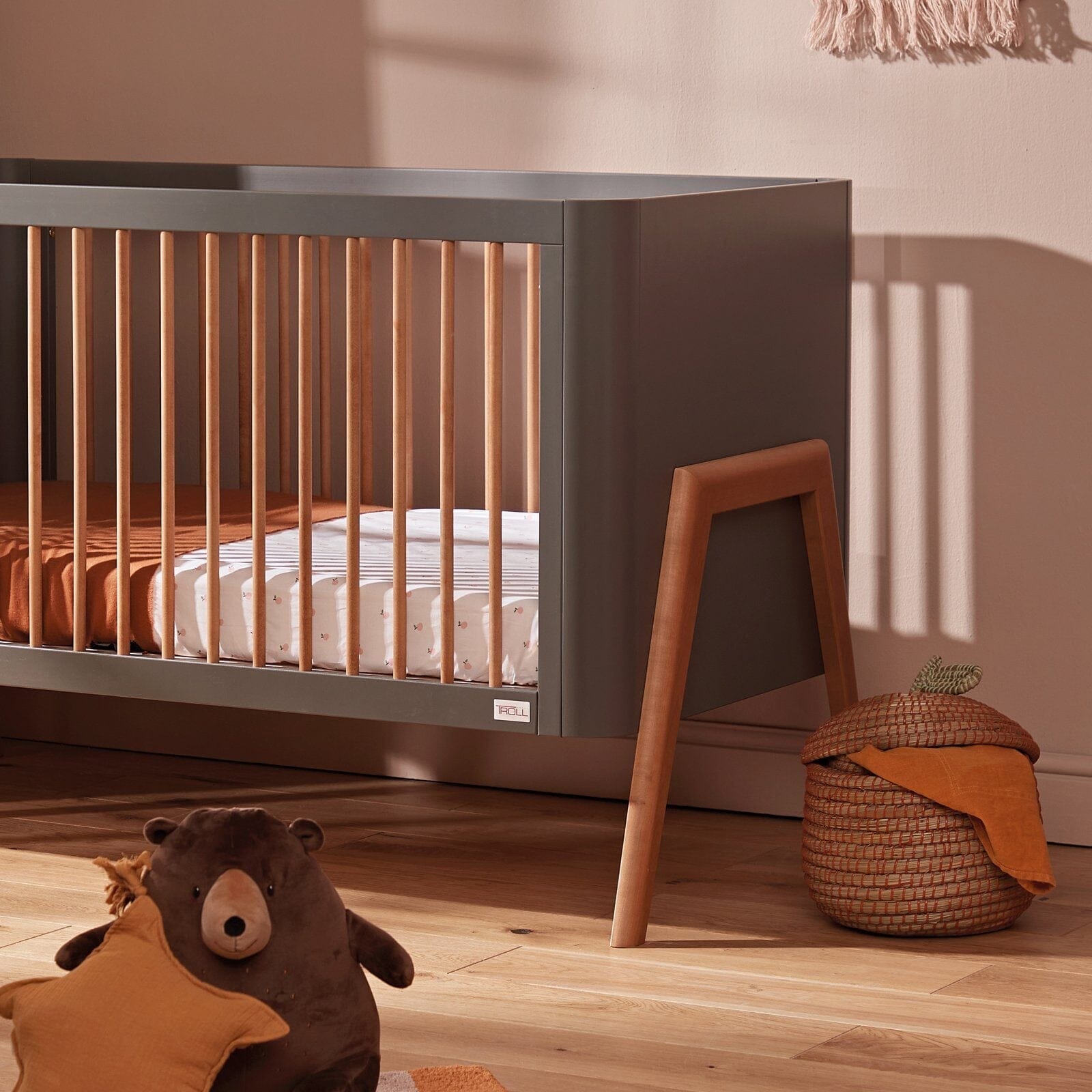 Troll Torsten Cot with Conversion Rail - Grey/Teak Furniture Singles Troll 