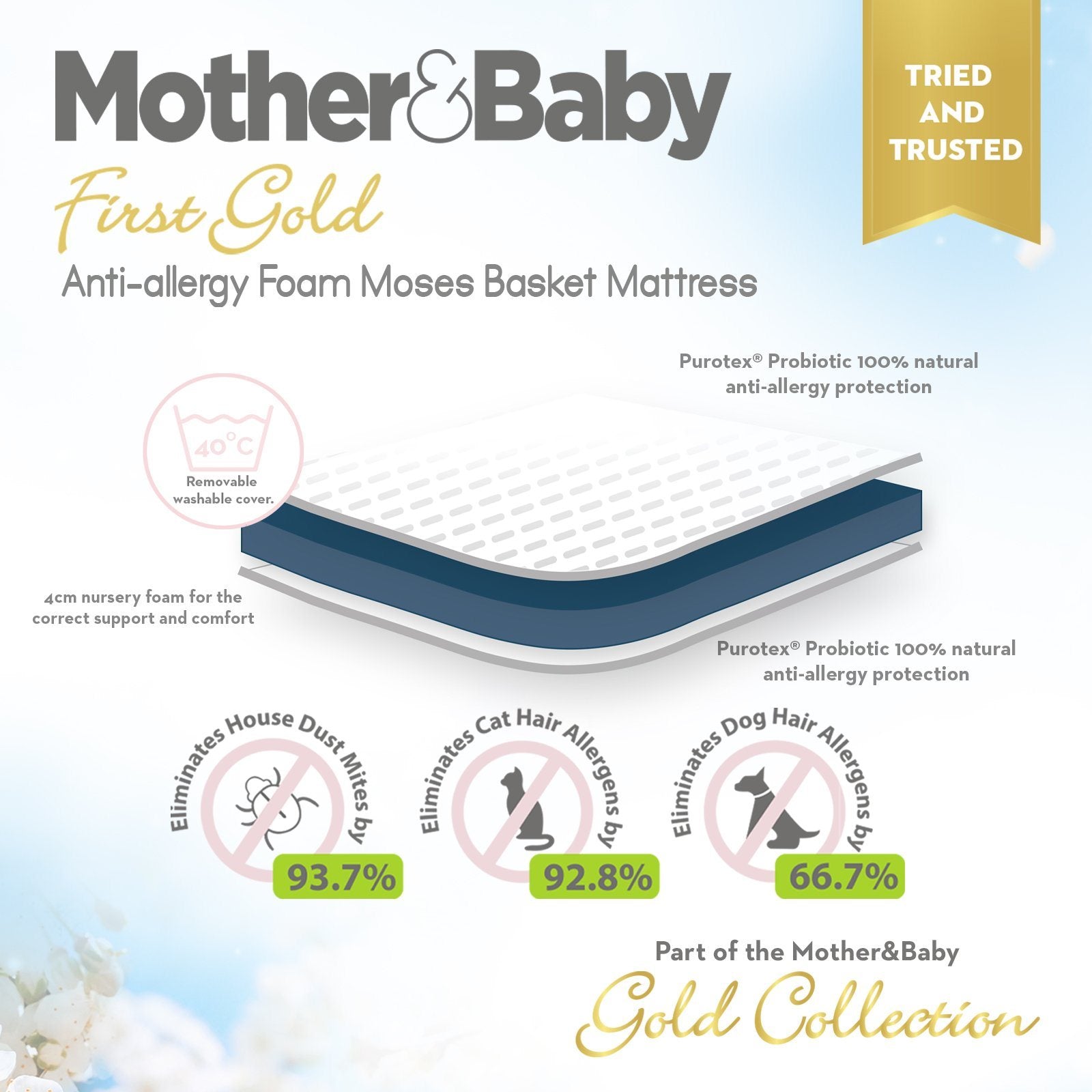 Mother&Baby First Gold Anti-Allergy Foam Moses Basket Large 75 x 28cm Mattresses Mother & Baby 